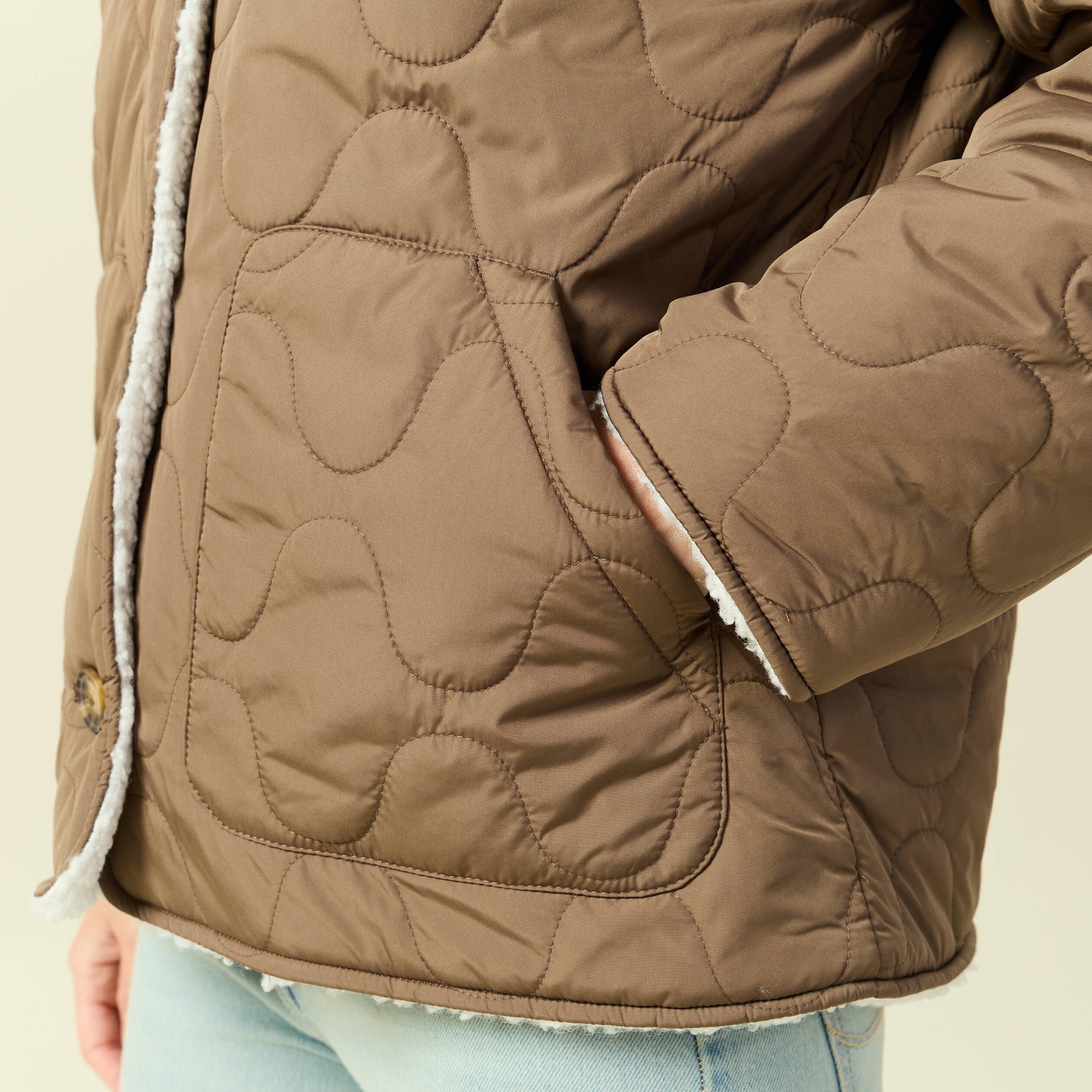 Parka courte droite effet polaire marron clair femme