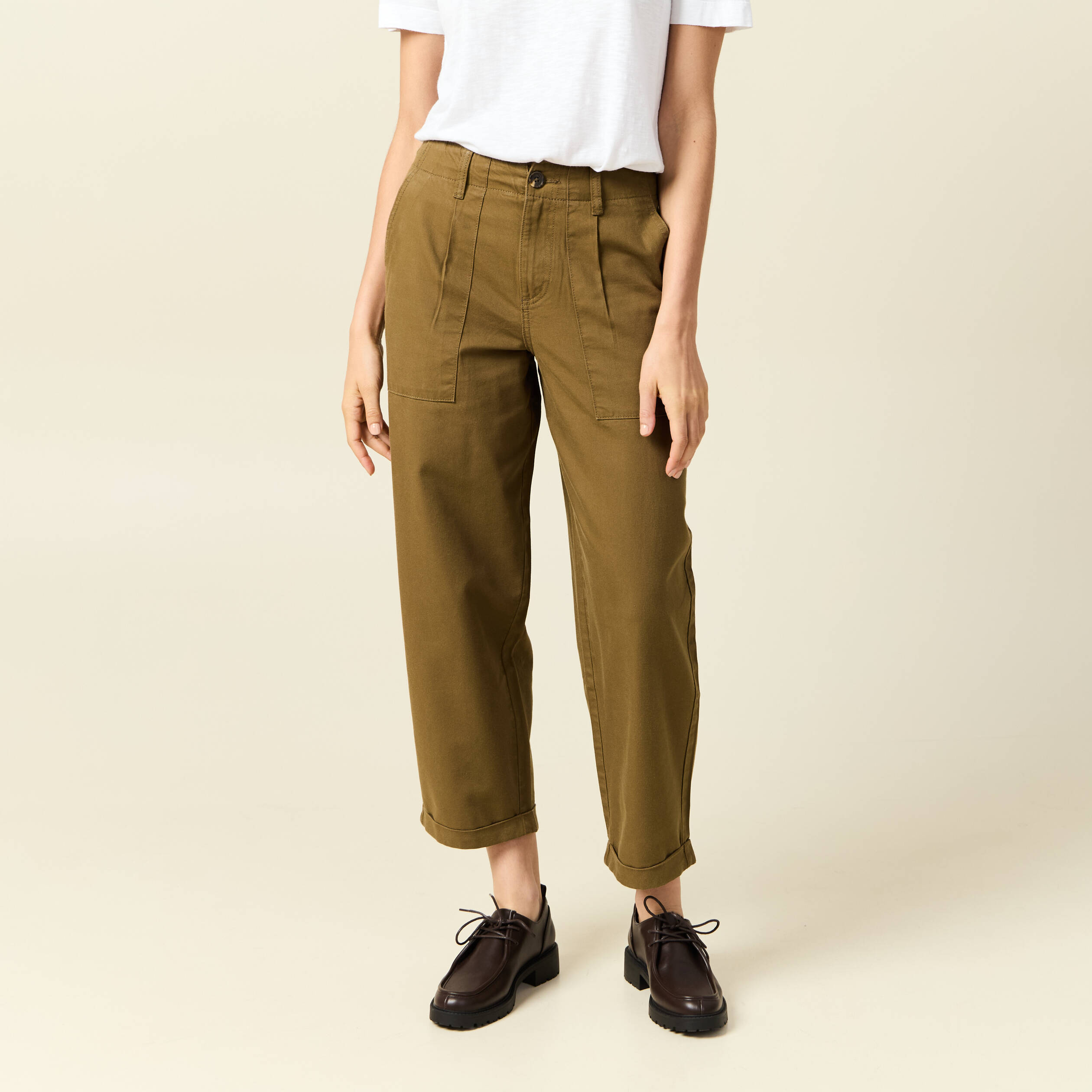 Jeans barrel taille haute 7/8&egrave;me vert kaki femme