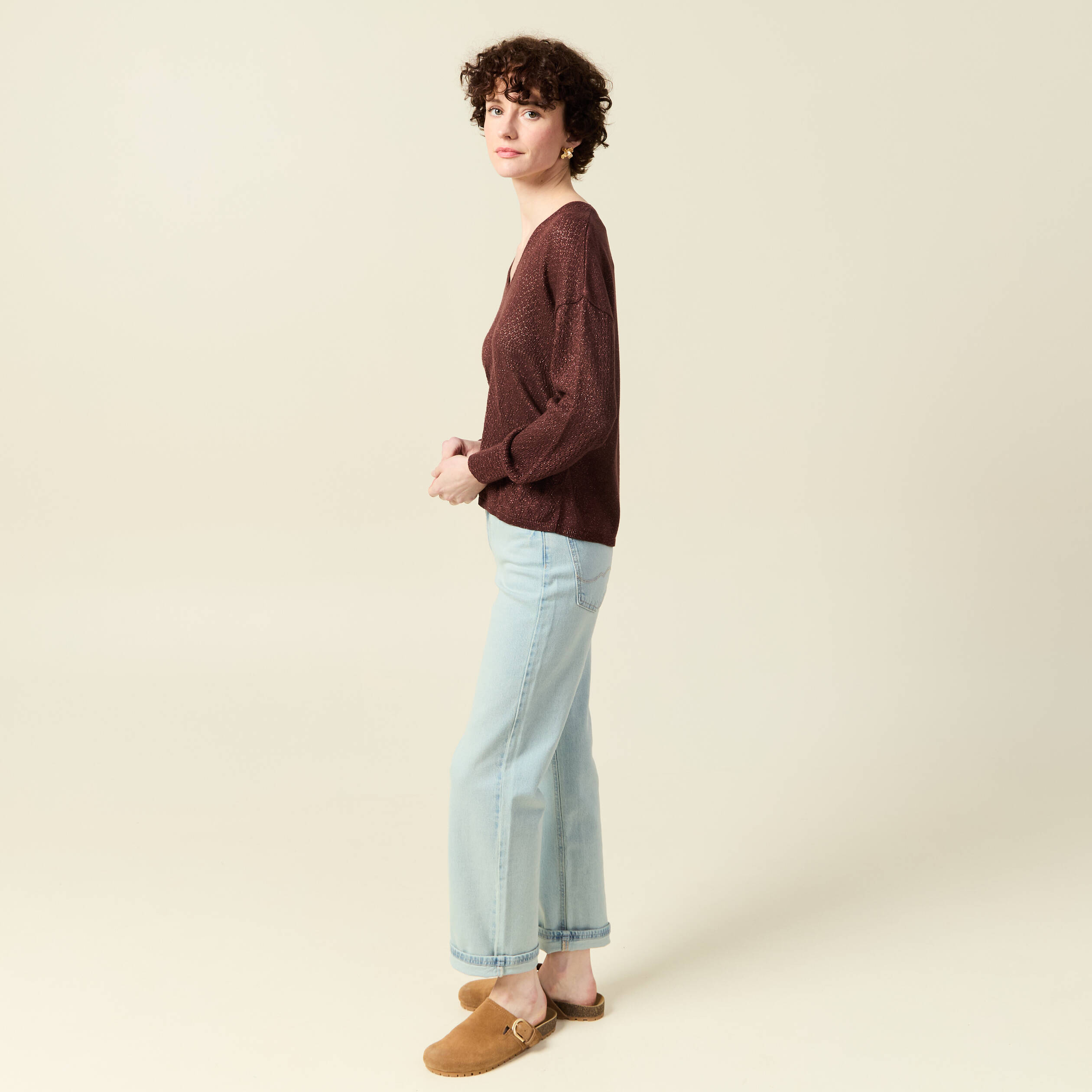 Pull manches longues ajour&eacute; bordeaux femme
