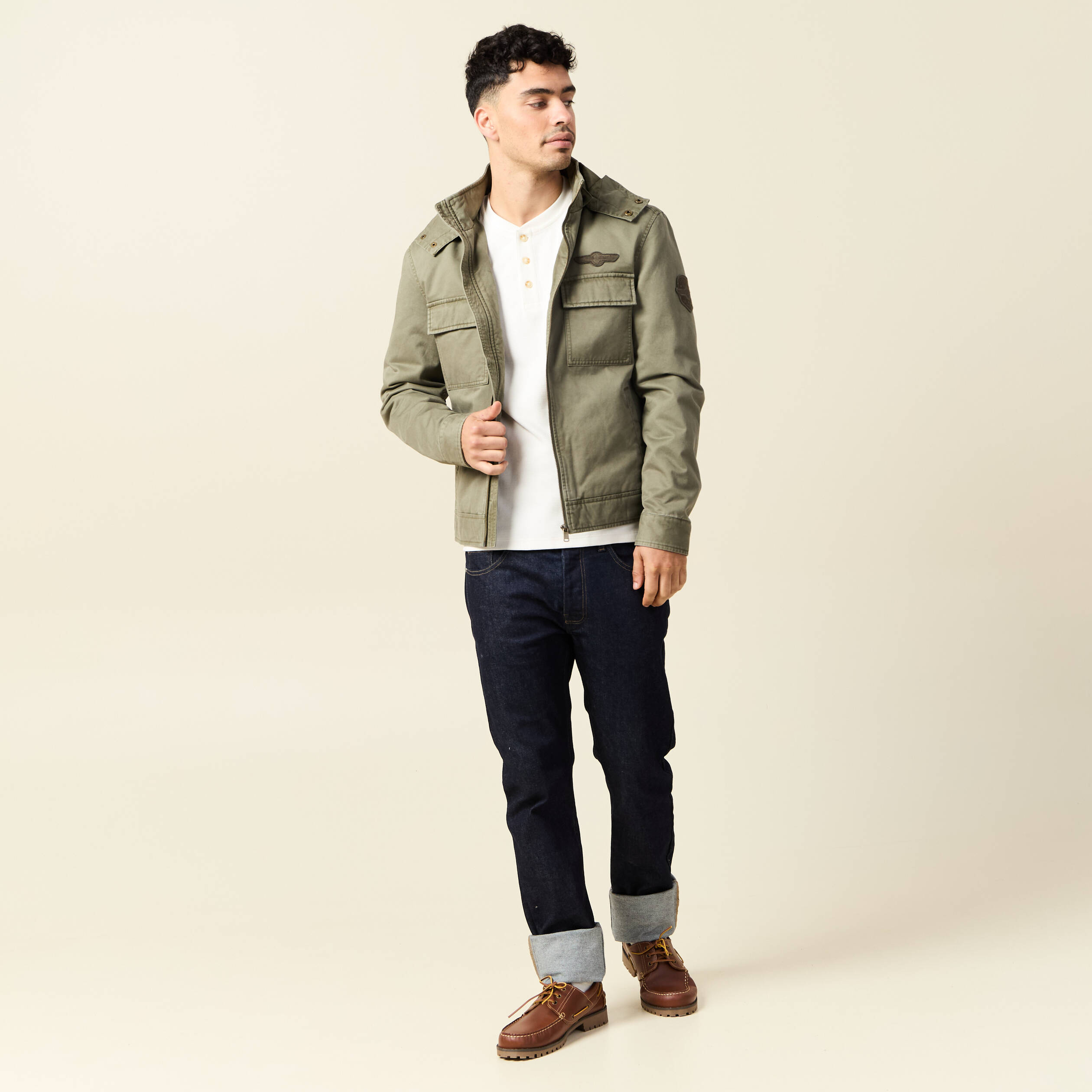 Blouson col montant &agrave; capuche vert kaki homme
