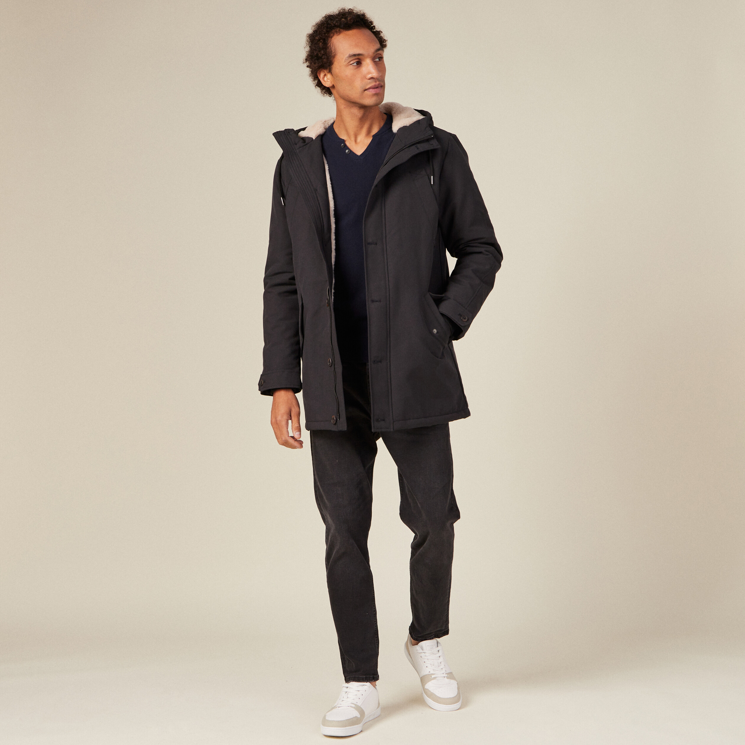 Parka droite à capuche noir homme