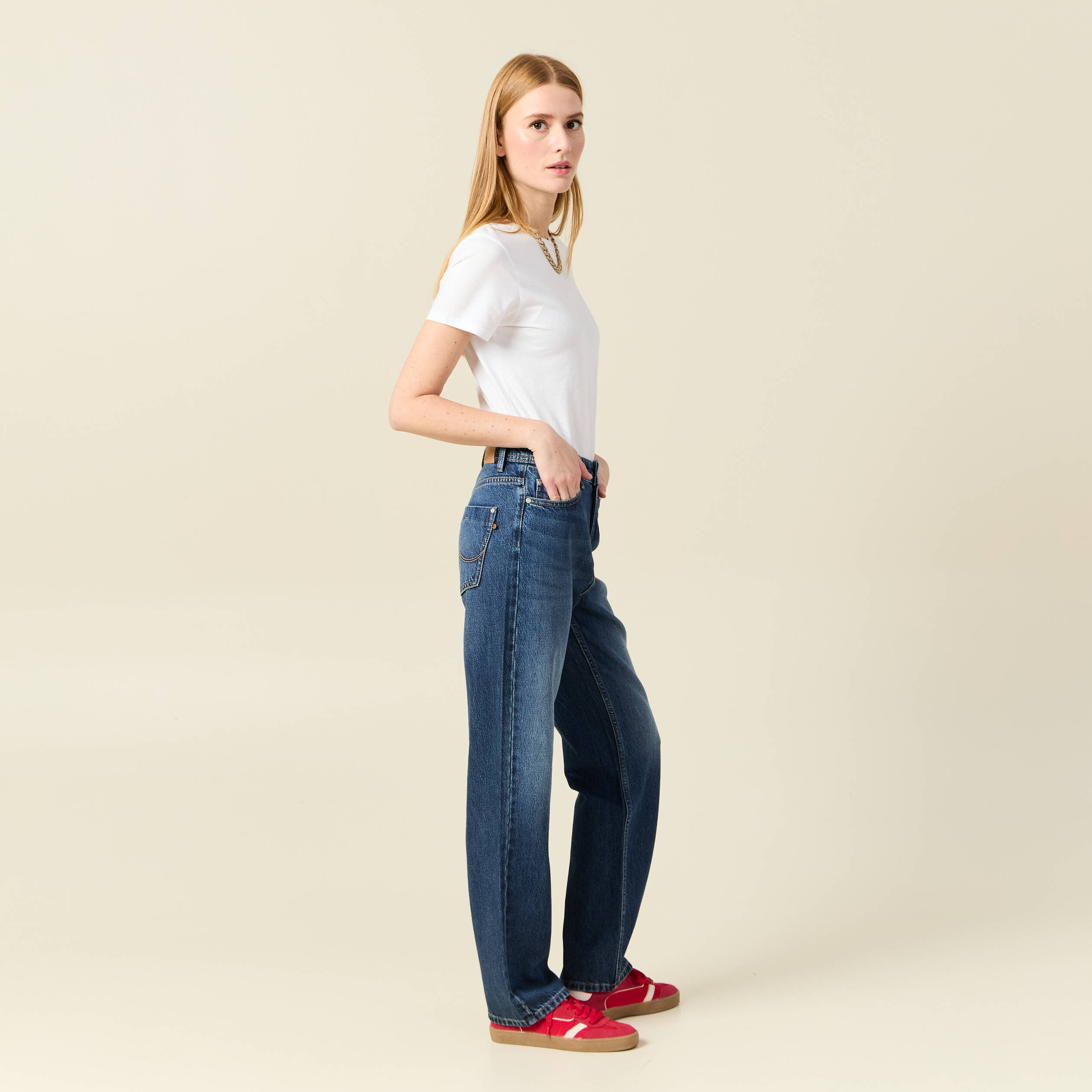 Jeans straight taille haute denim stone femme