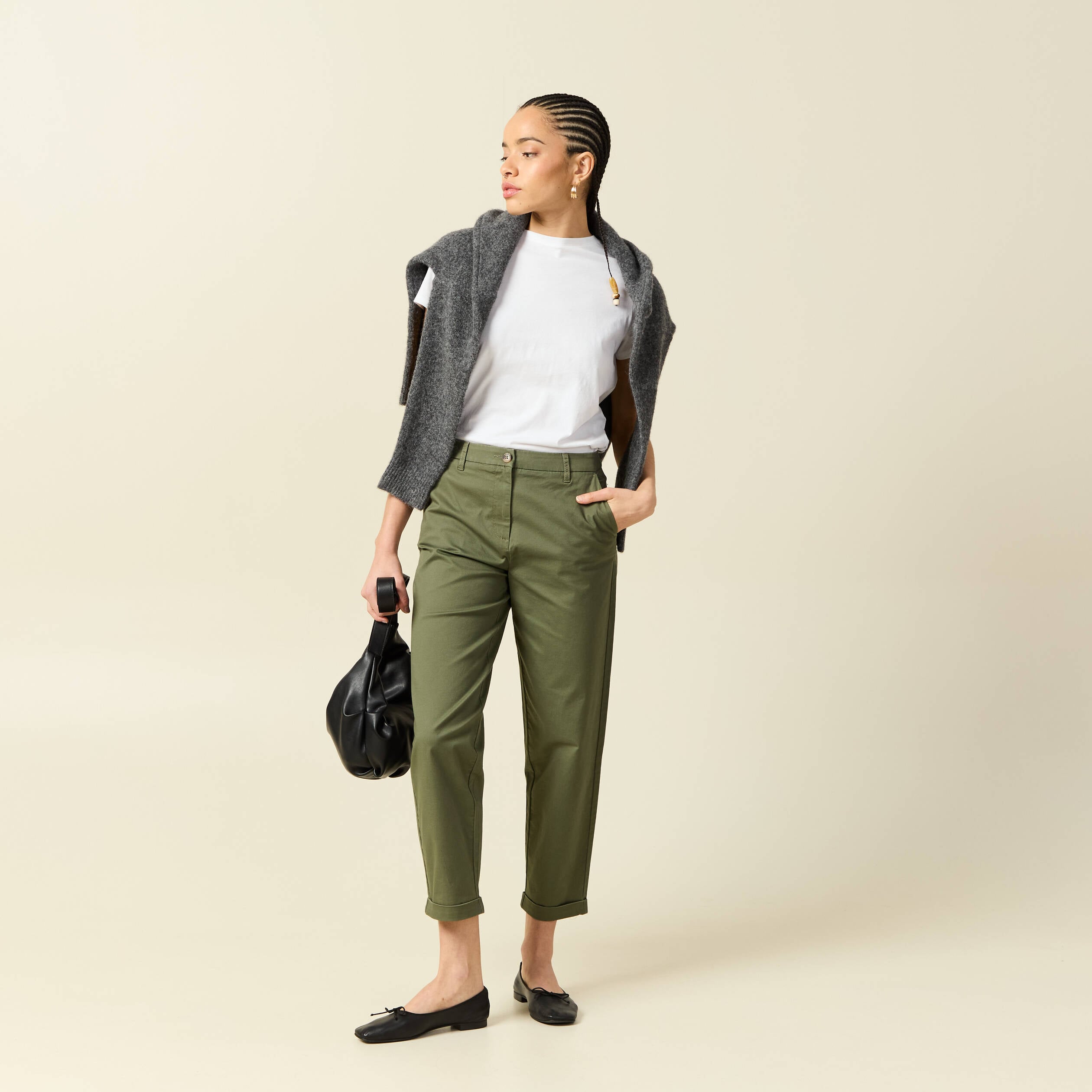 Pantalon taille haute fluide vert kaki femme