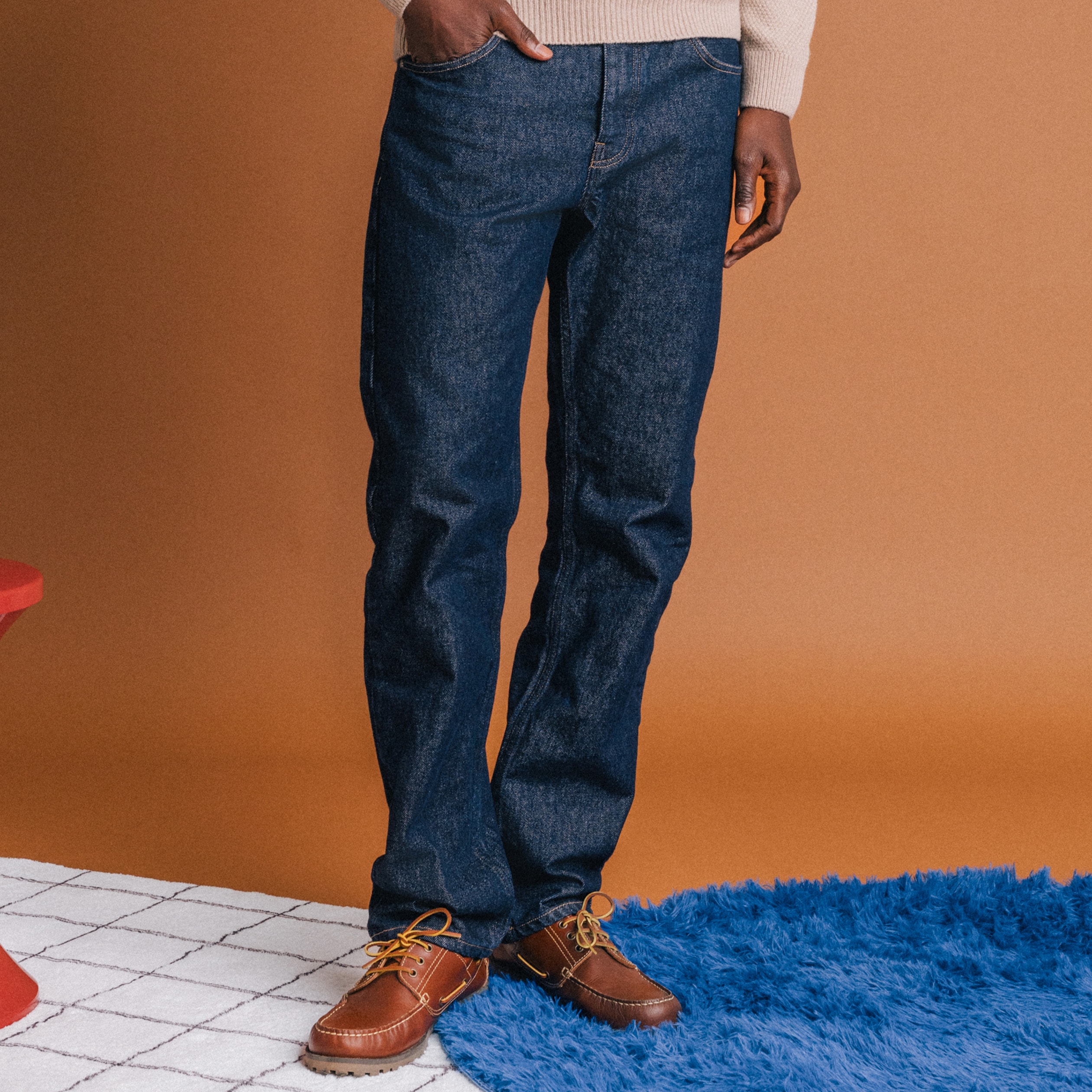 Jeans straight longueur 32 en coton denim brut rinse homme