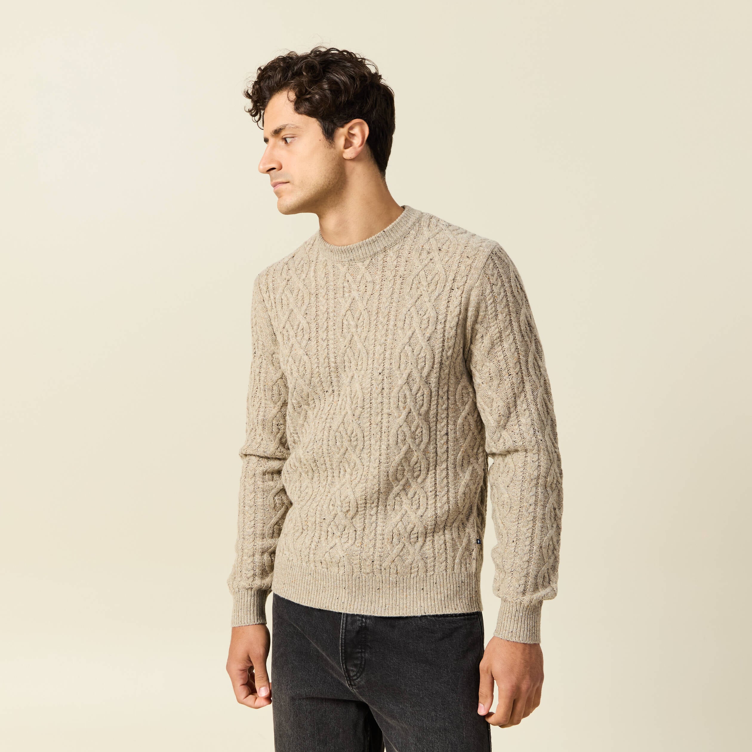 Pull col rond beige homme