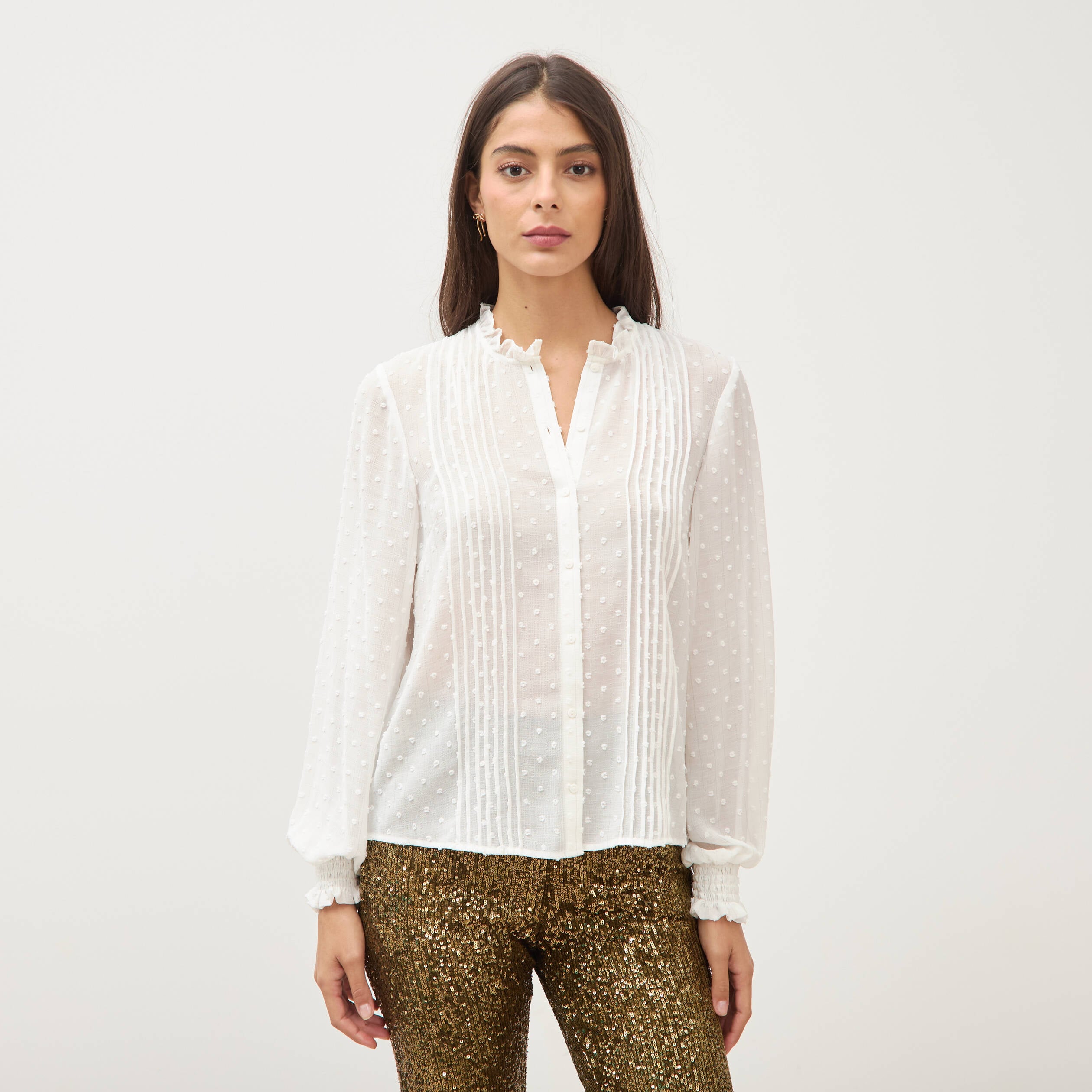 Chemise droite manches longues ecru femme