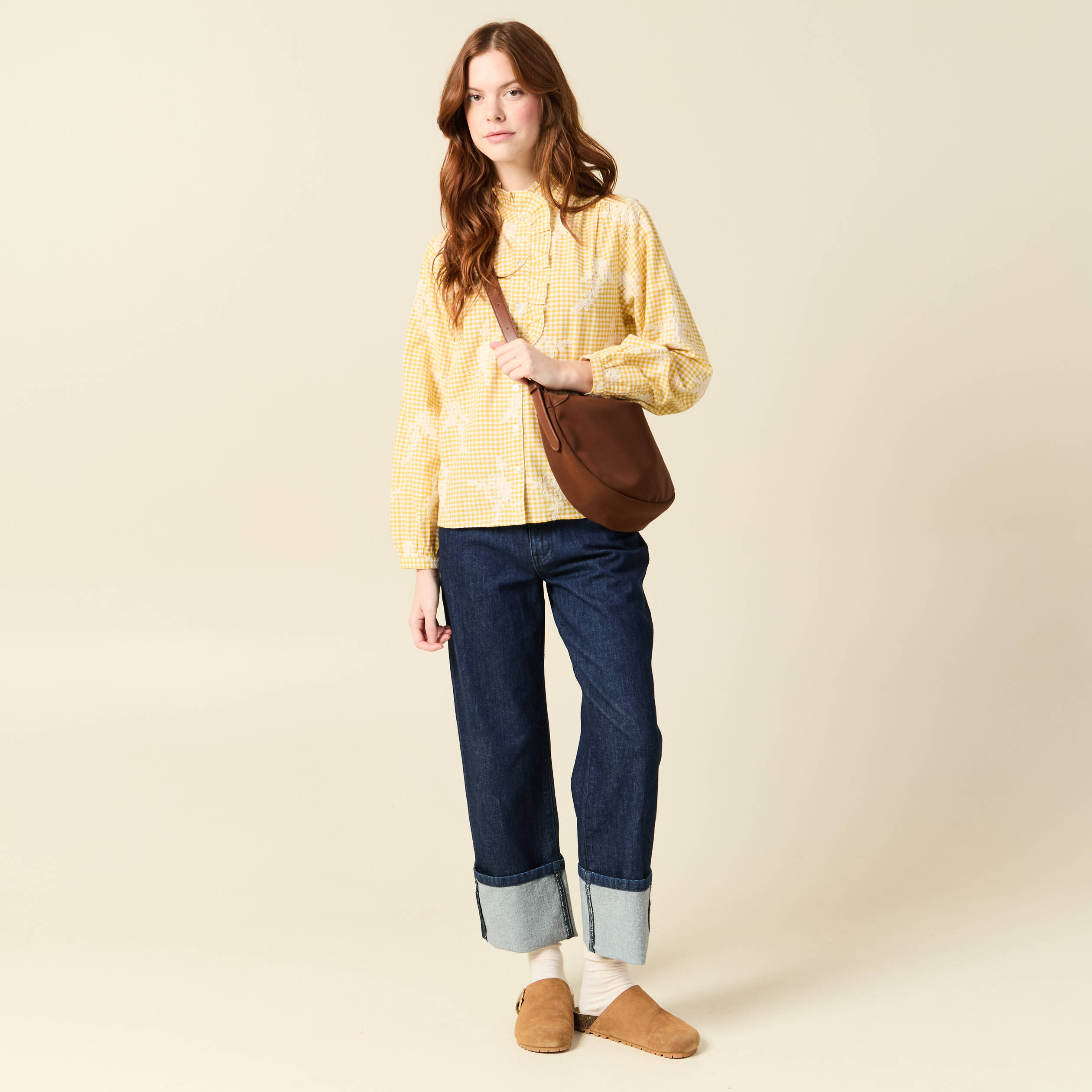 Chemise vichy manches longues en coton jaune femme