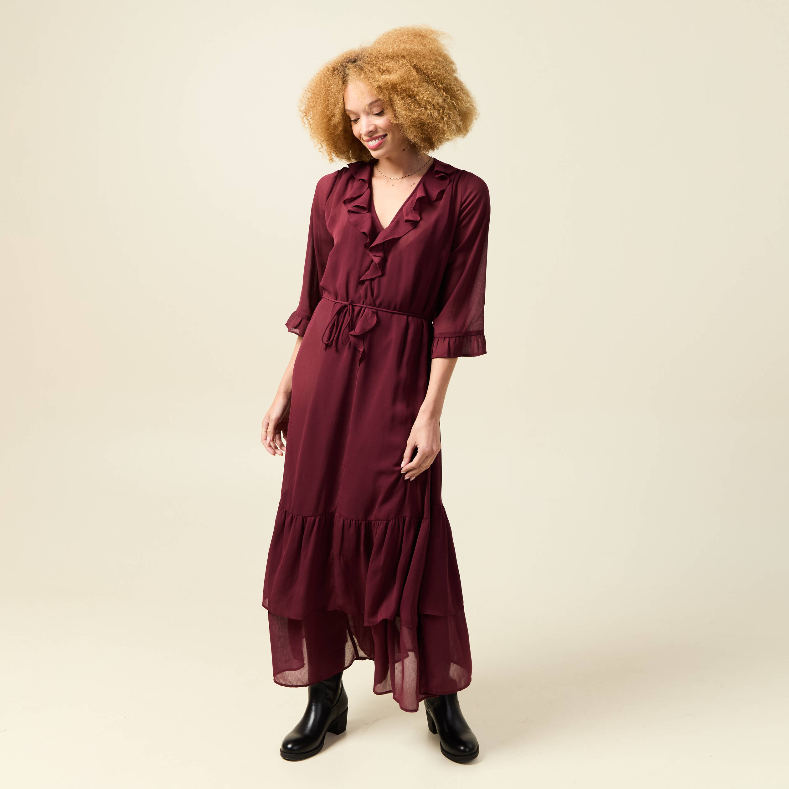 Robe manches 3/4 doubl&eacute;e bordeaux femme
