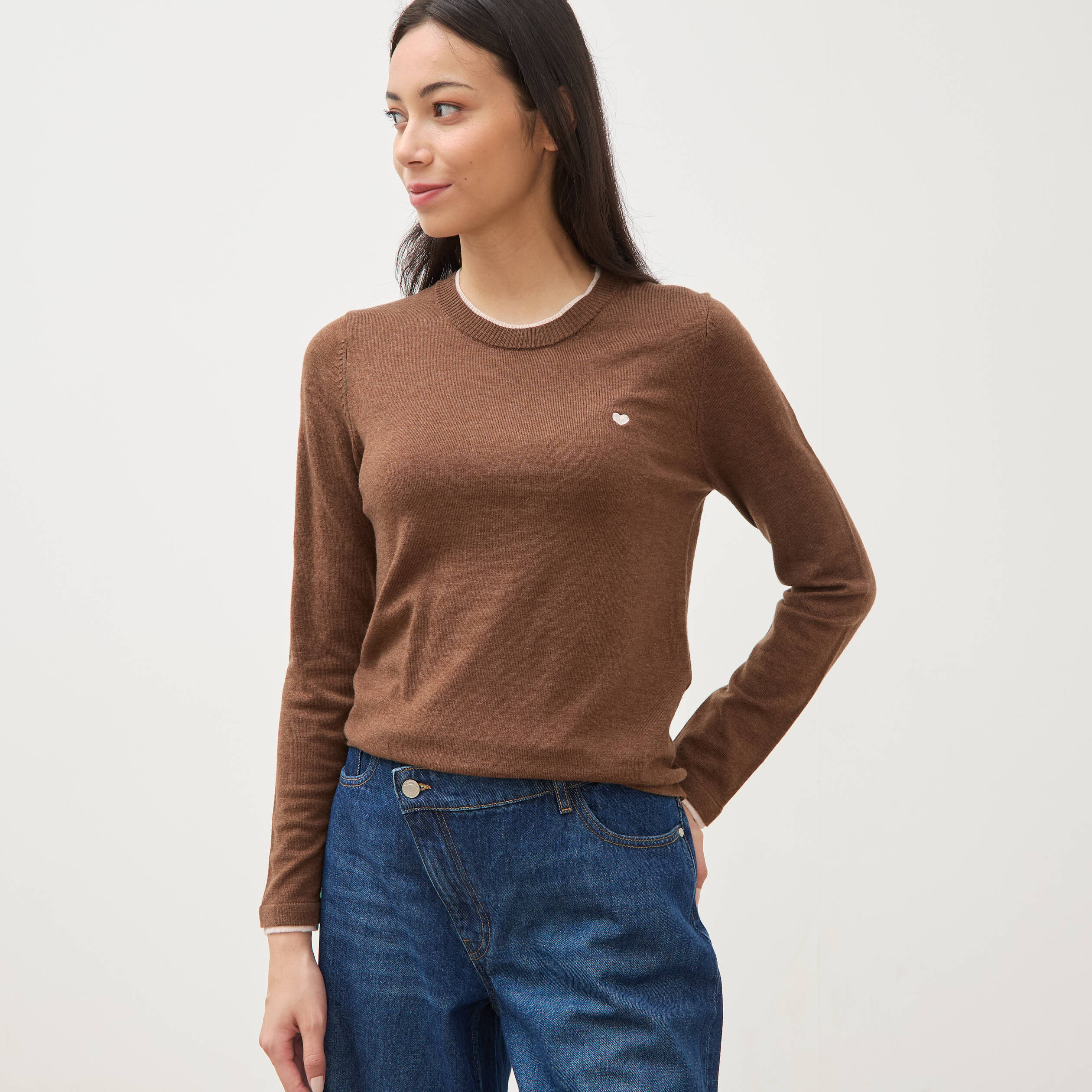 Pull fin col rond manches longues marron femme