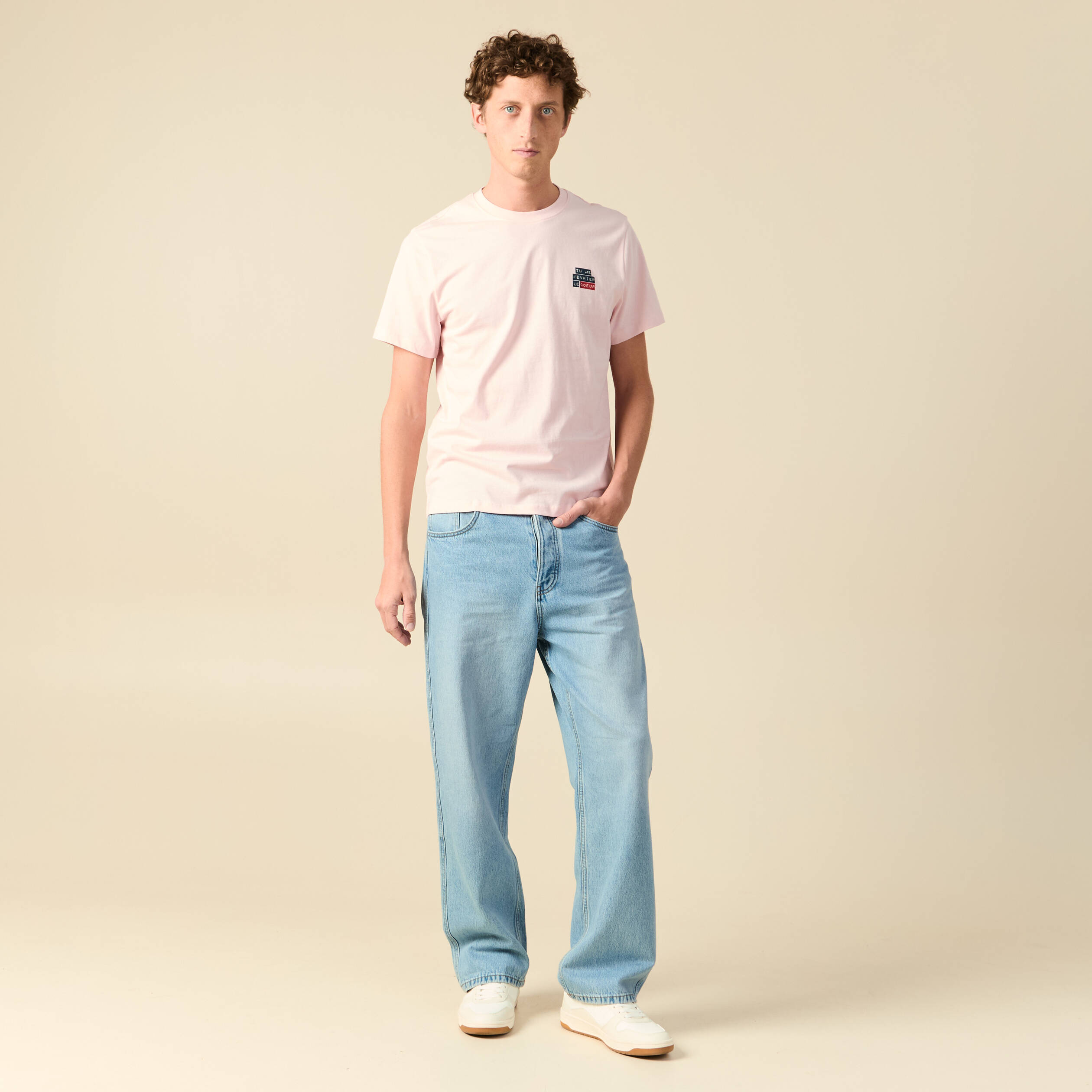 T-shirt en coton manches courtes rose poudr&eacute;e homme