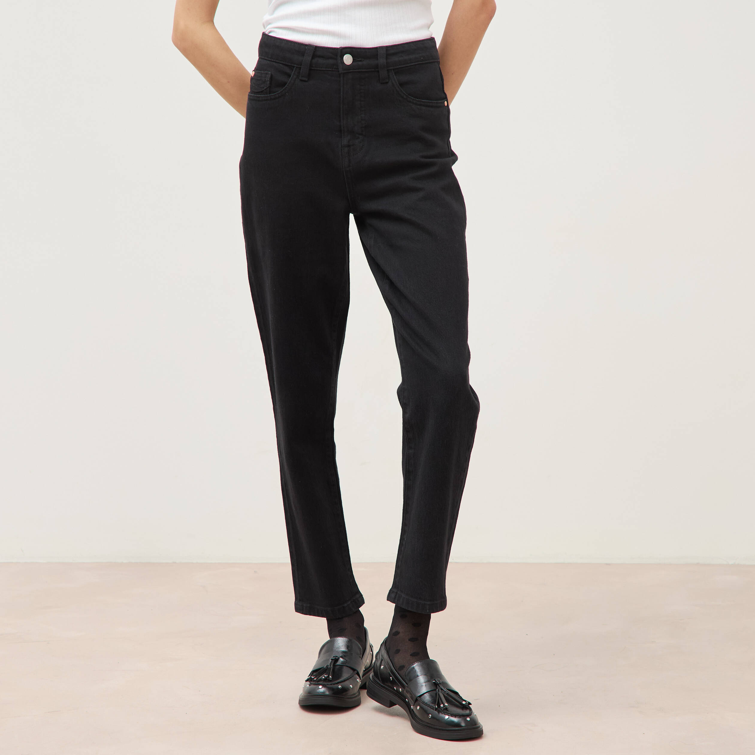 Jeans mom 7/8&egrave;me denim noir femme