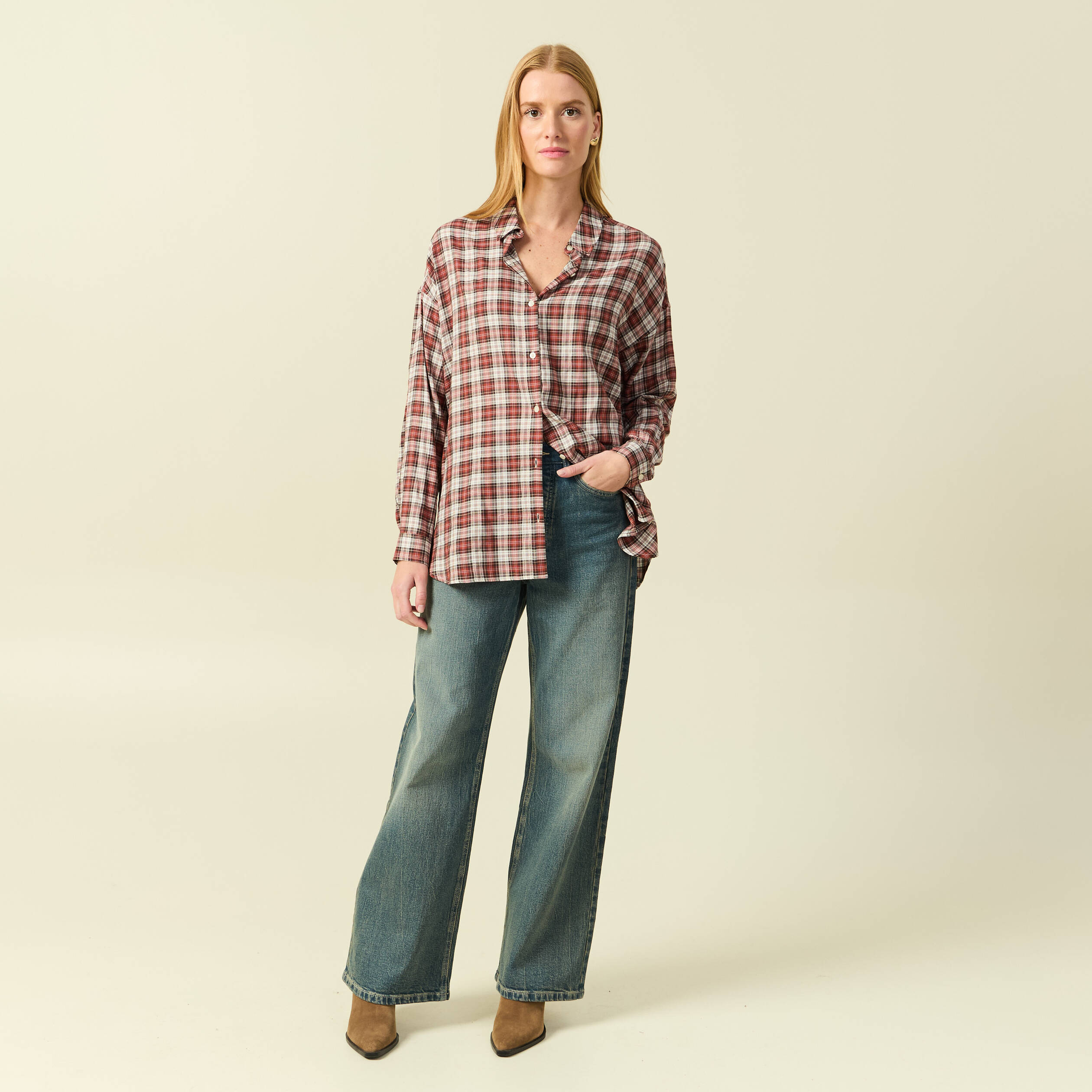Chemise manches longues col v fluide bordeaux femme
