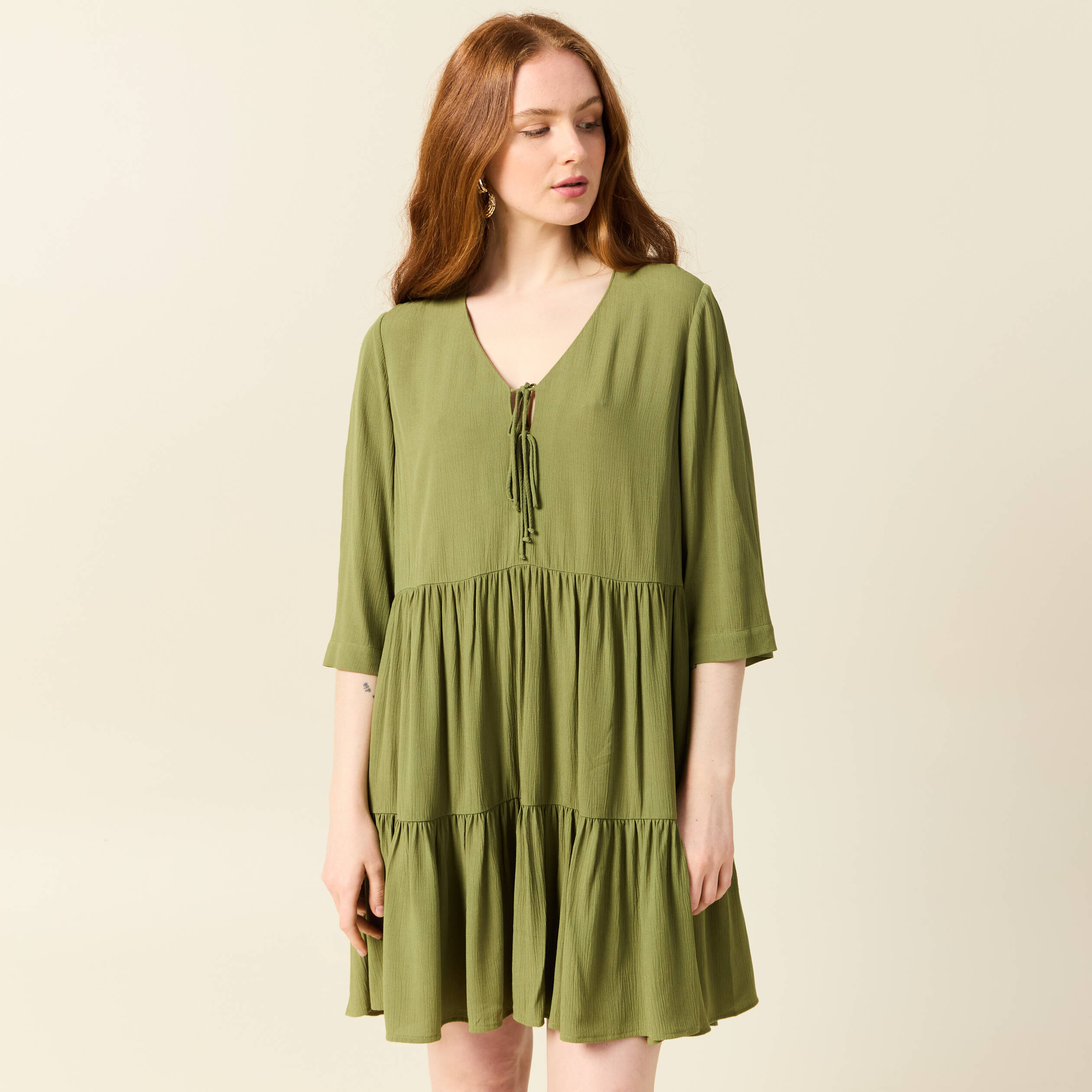 robe evasee manches 34 vert kaki femme Robe évasée manches 3/4 vert kaki femme
