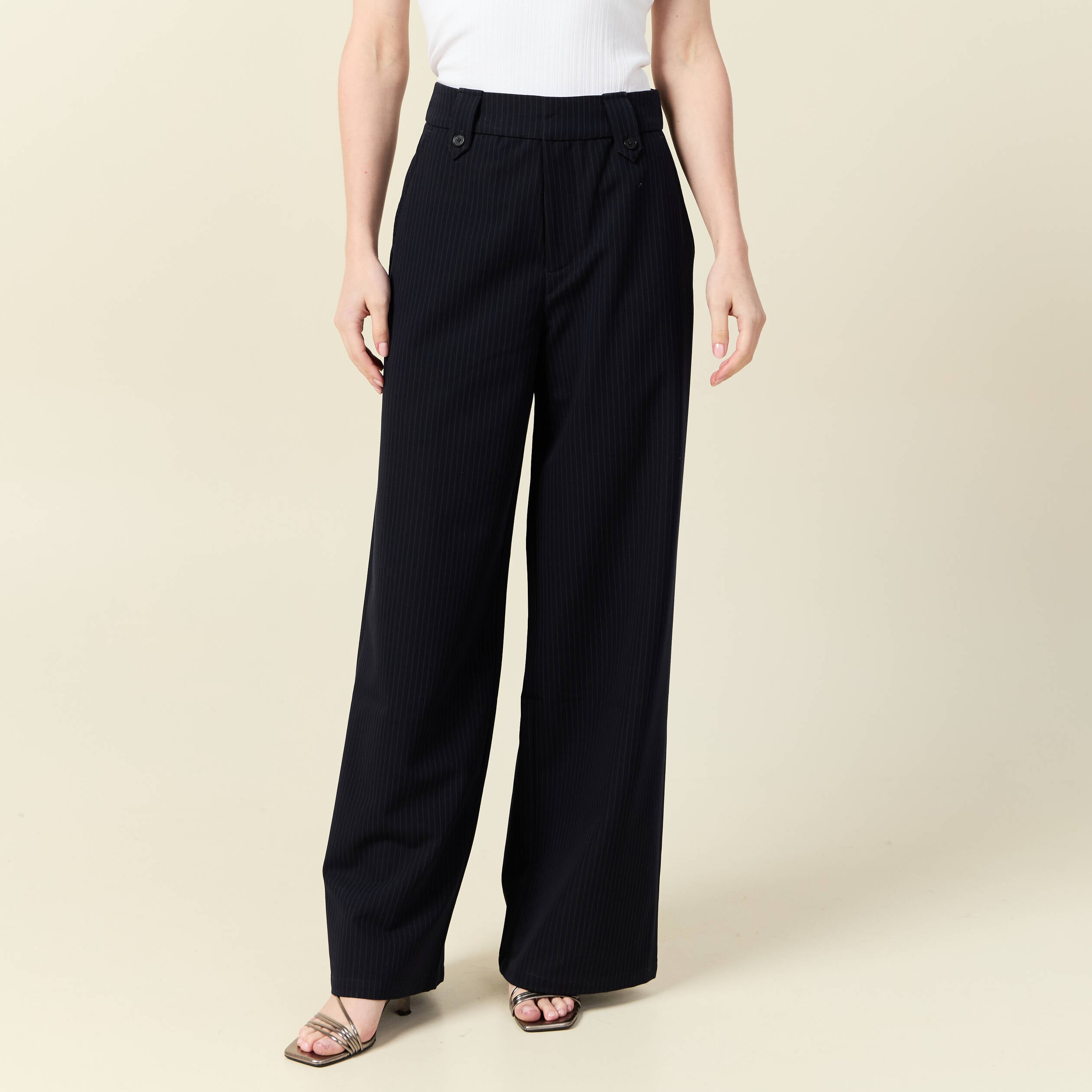 Pantalon large taille haute fluide bleu marine femme