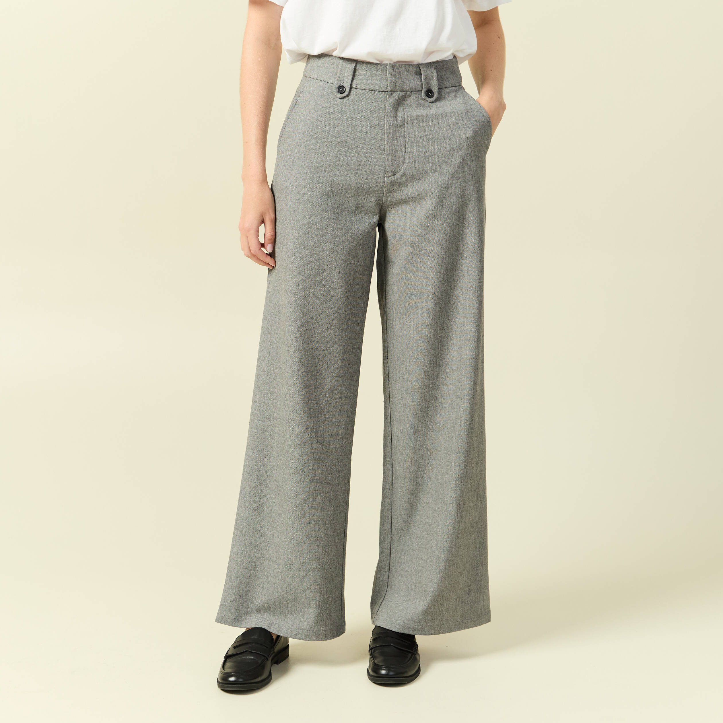 Pantalon large taille haute fluide gris femme