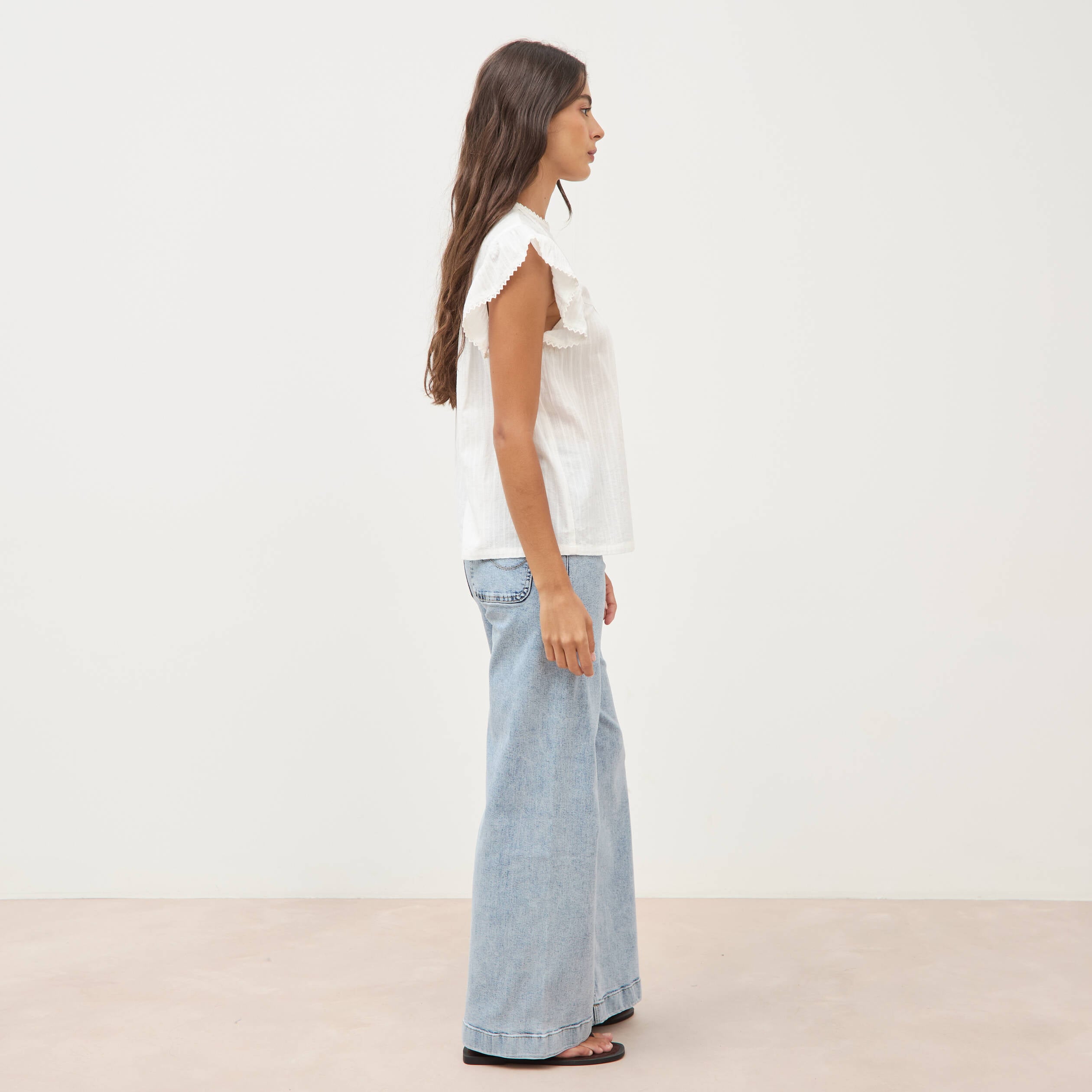 Top col rond manches courtes en coton ecru femme