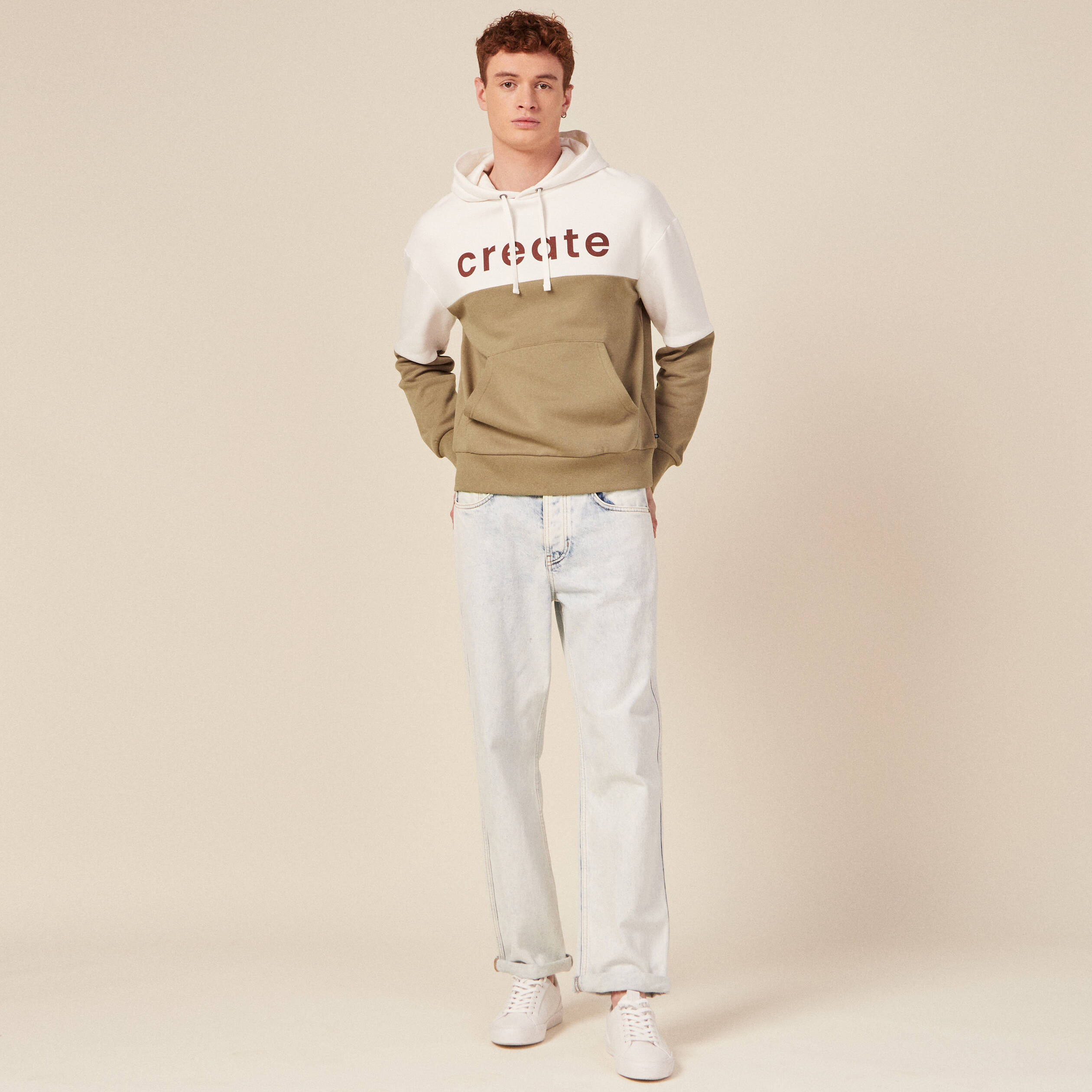 Sweat &agrave; capuche manches longues taupe homme