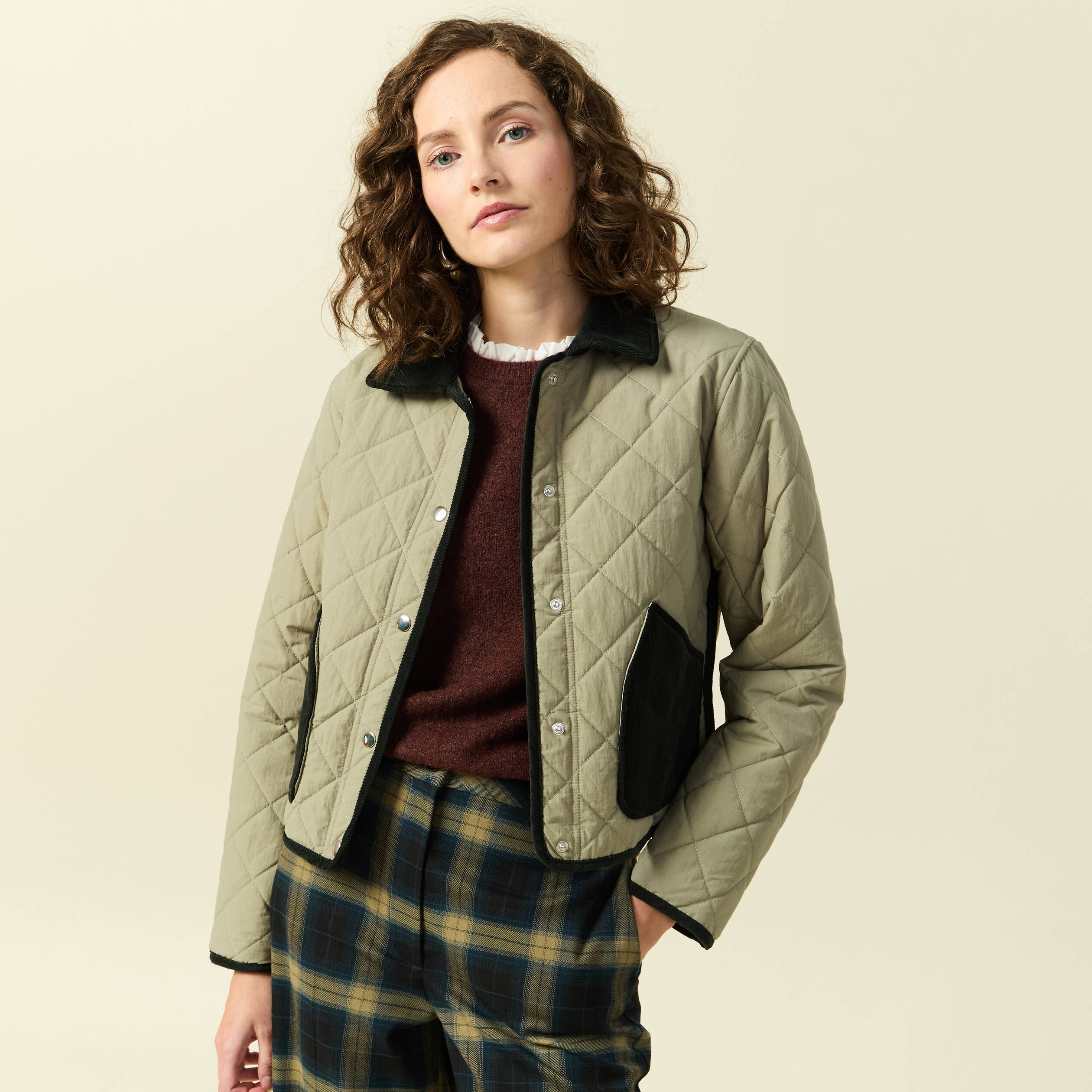 Blouson matelass&eacute; boutonn&eacute; vert kaki femme
