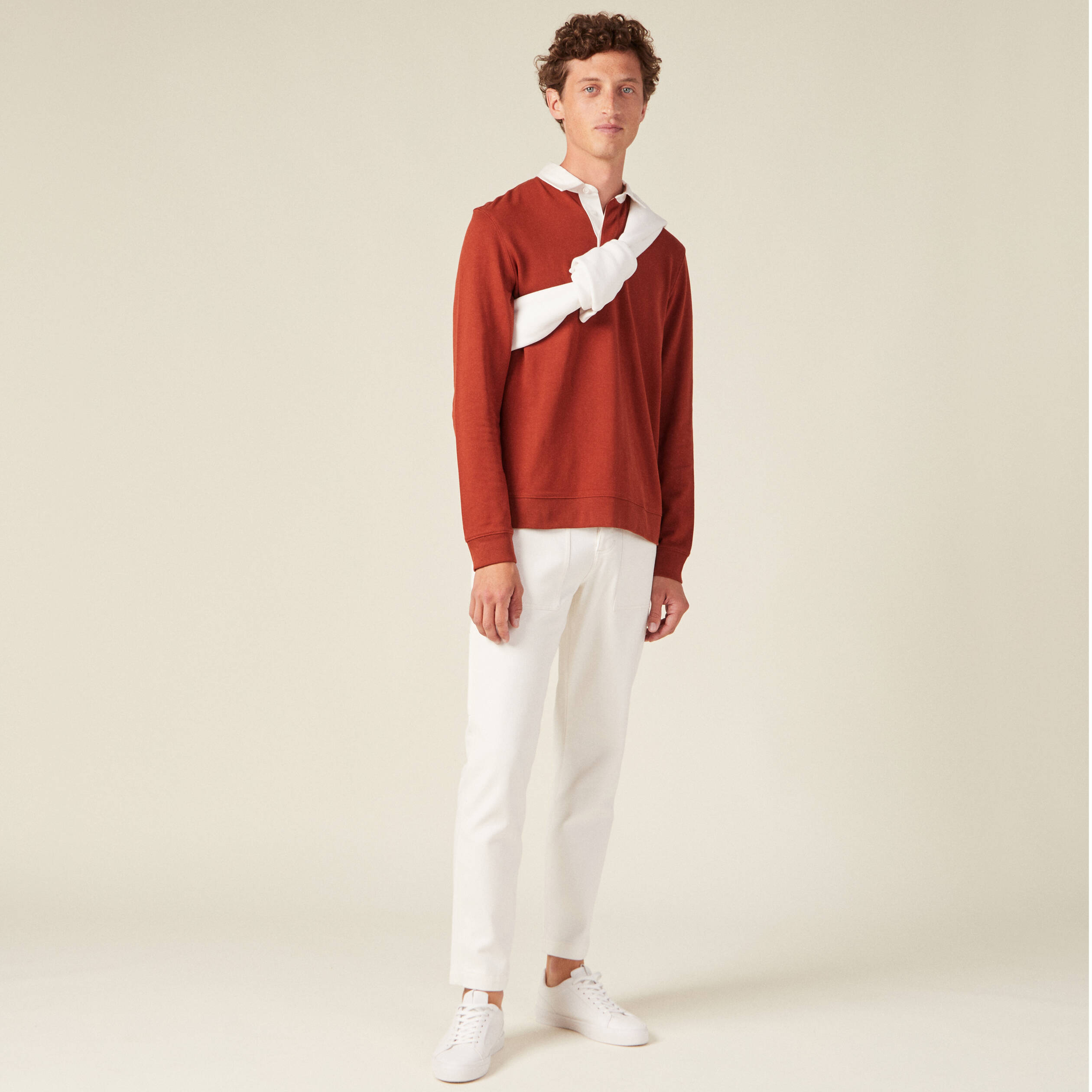 Sweat manches longues col polo marron cognac homme