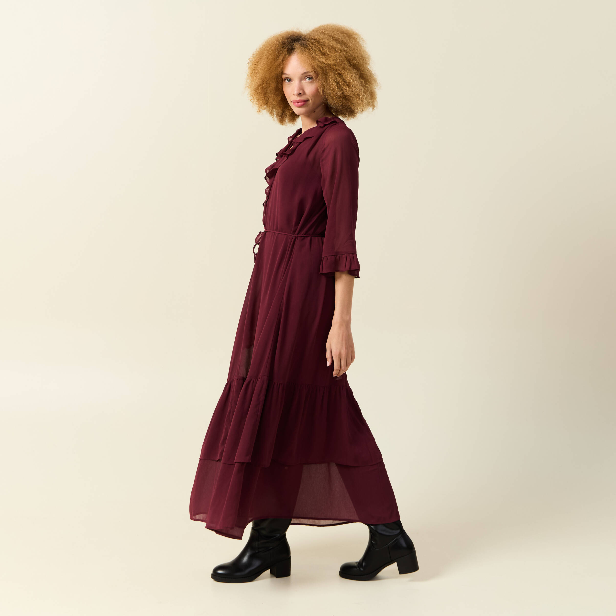 Robe manches 3/4 doubl&eacute;e bordeaux femme