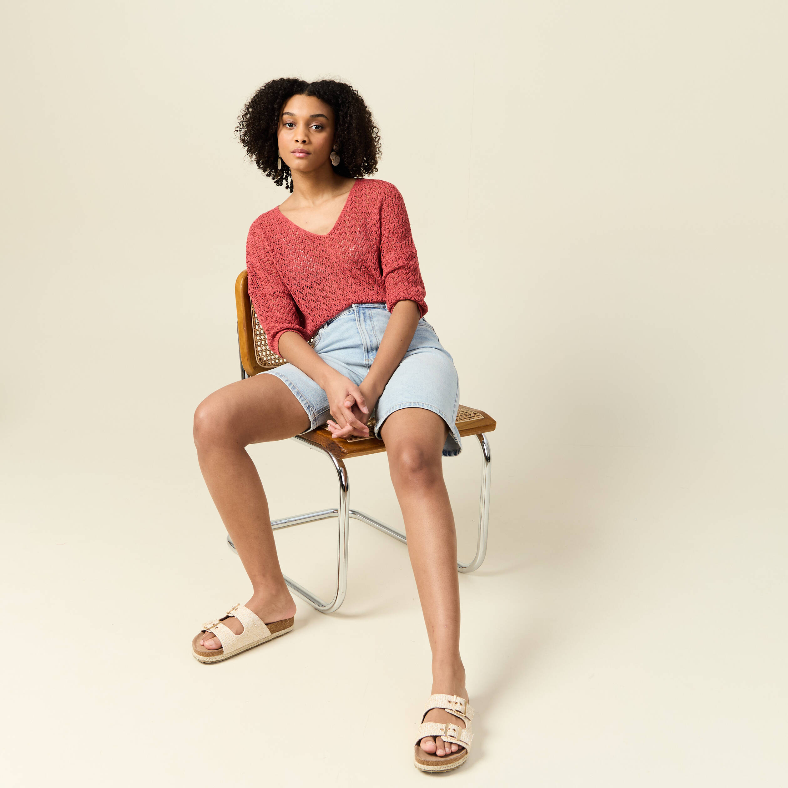 pull manches 34 ajoure vieux rose femme Pull manches 3/4 ajouré vieux rose femme