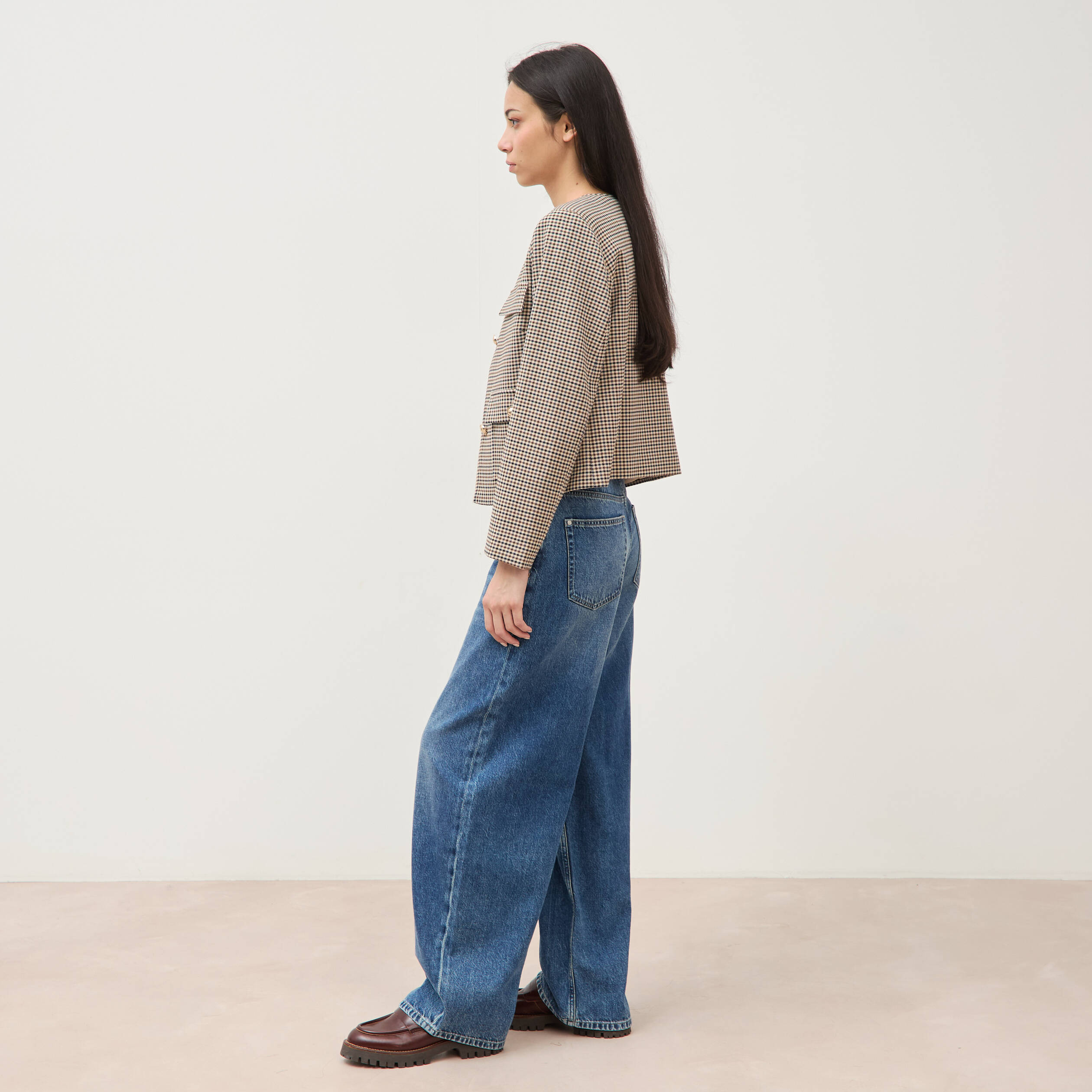 Veste &agrave; carreaux manches longues marron femme