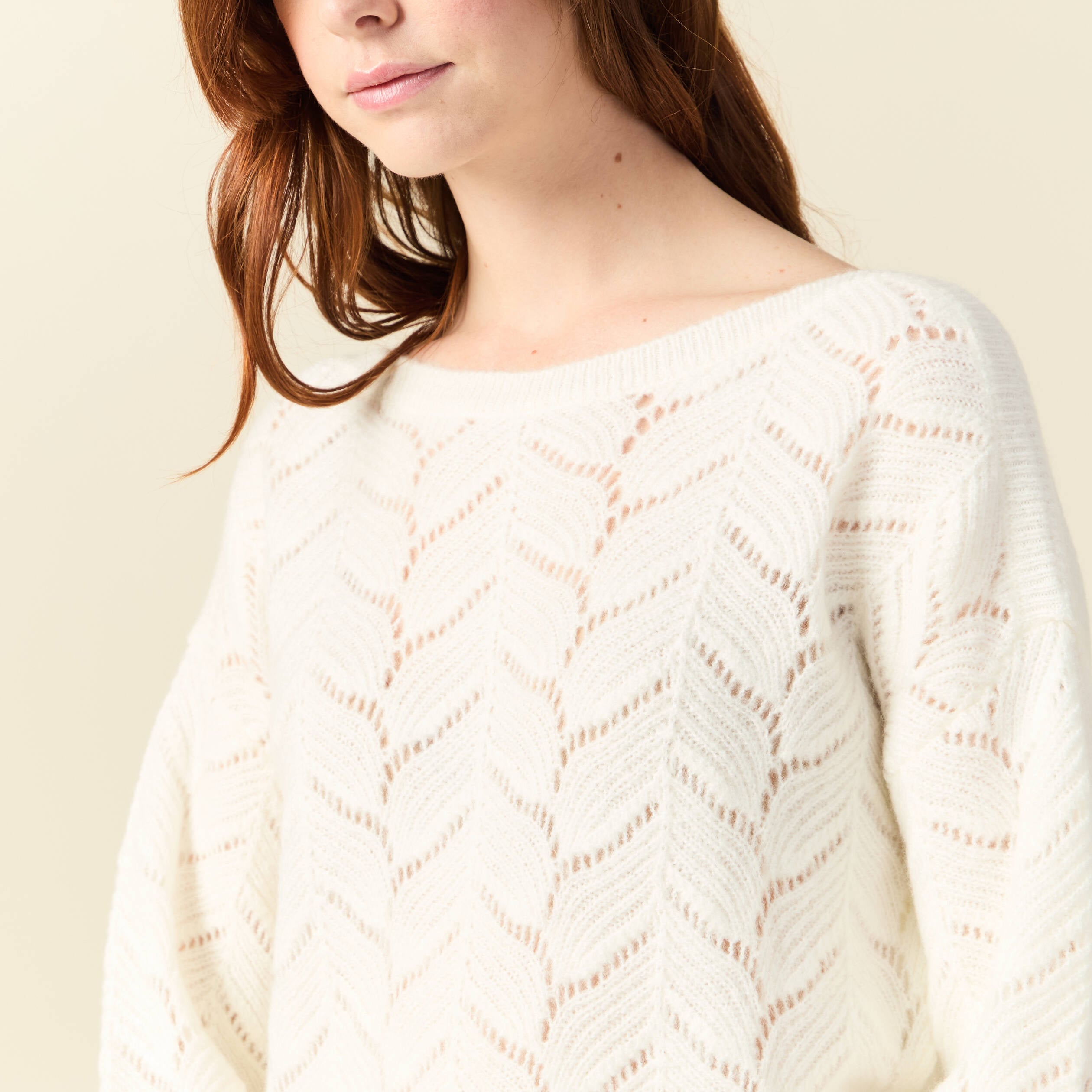 Pull ajour&eacute; col bateau manches longues ecru femme
