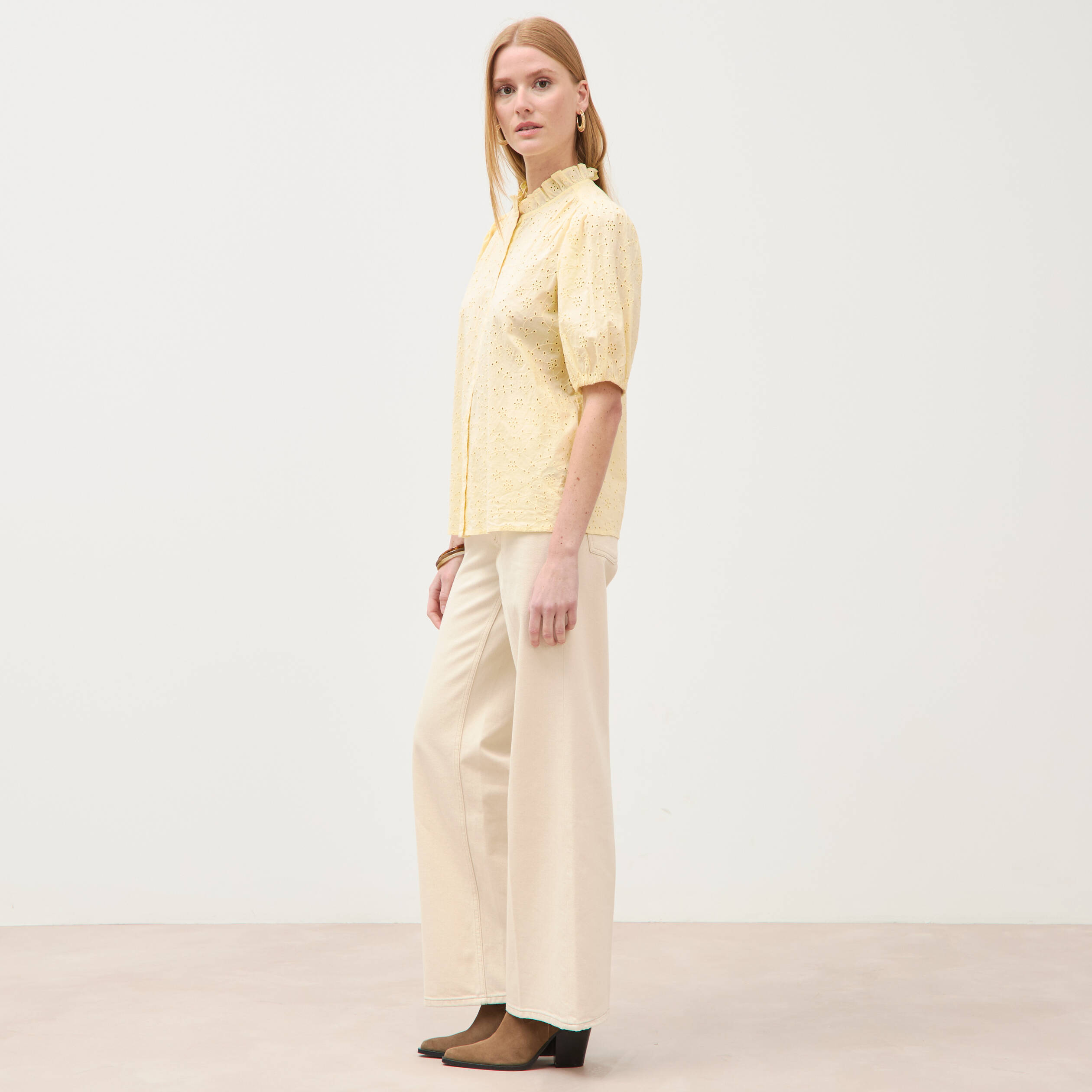 Chemise en coton manches coude jaune clair femme