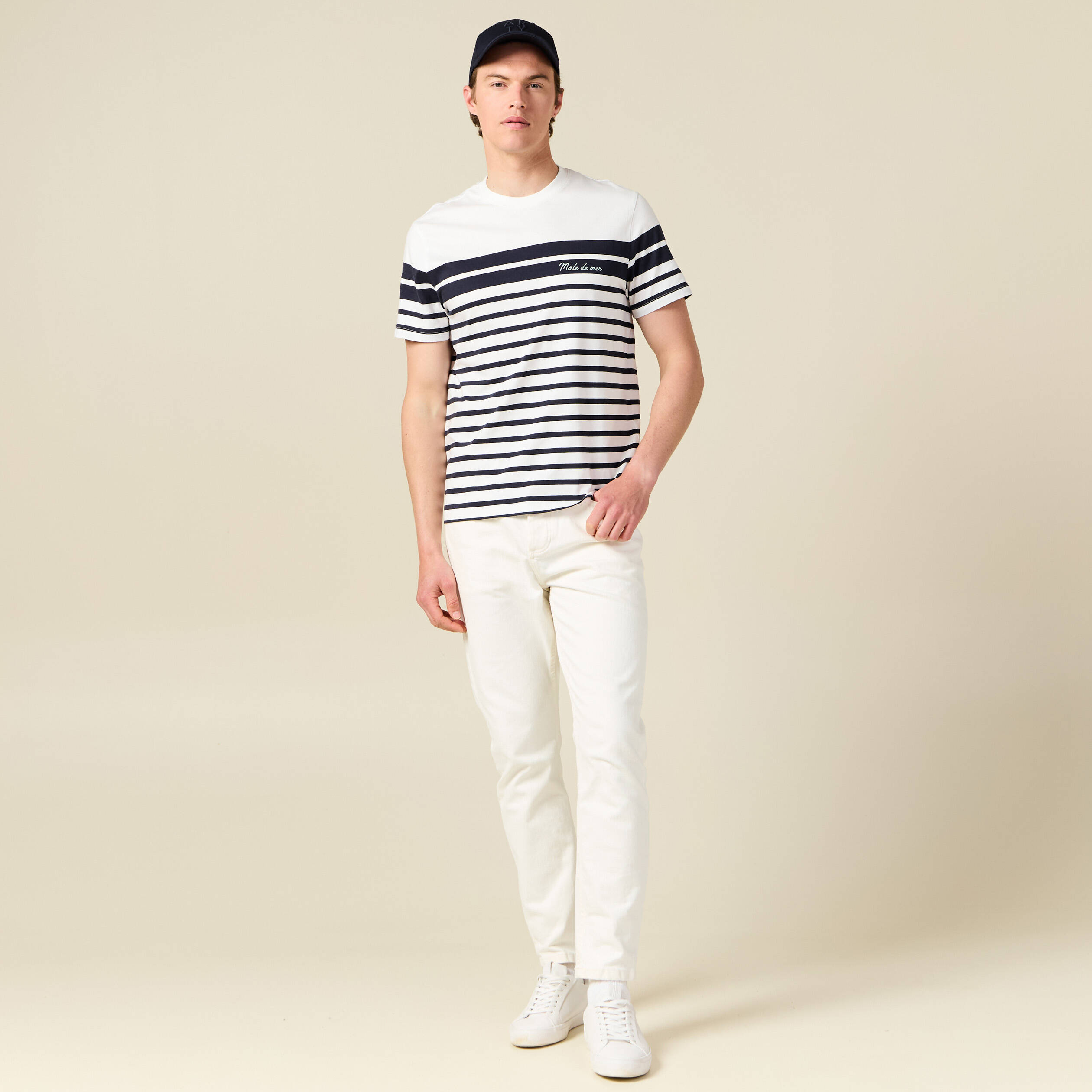 T-shirt ray&eacute; col rond manches courtes ecru homme