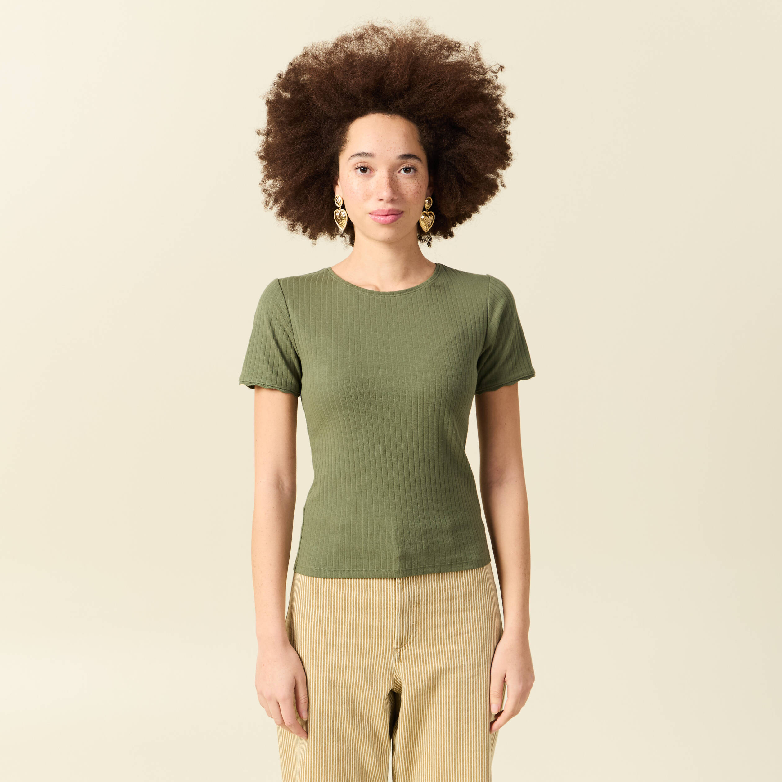 T-shirt manches courtes c&ocirc;tel&eacute; vert kaki femme