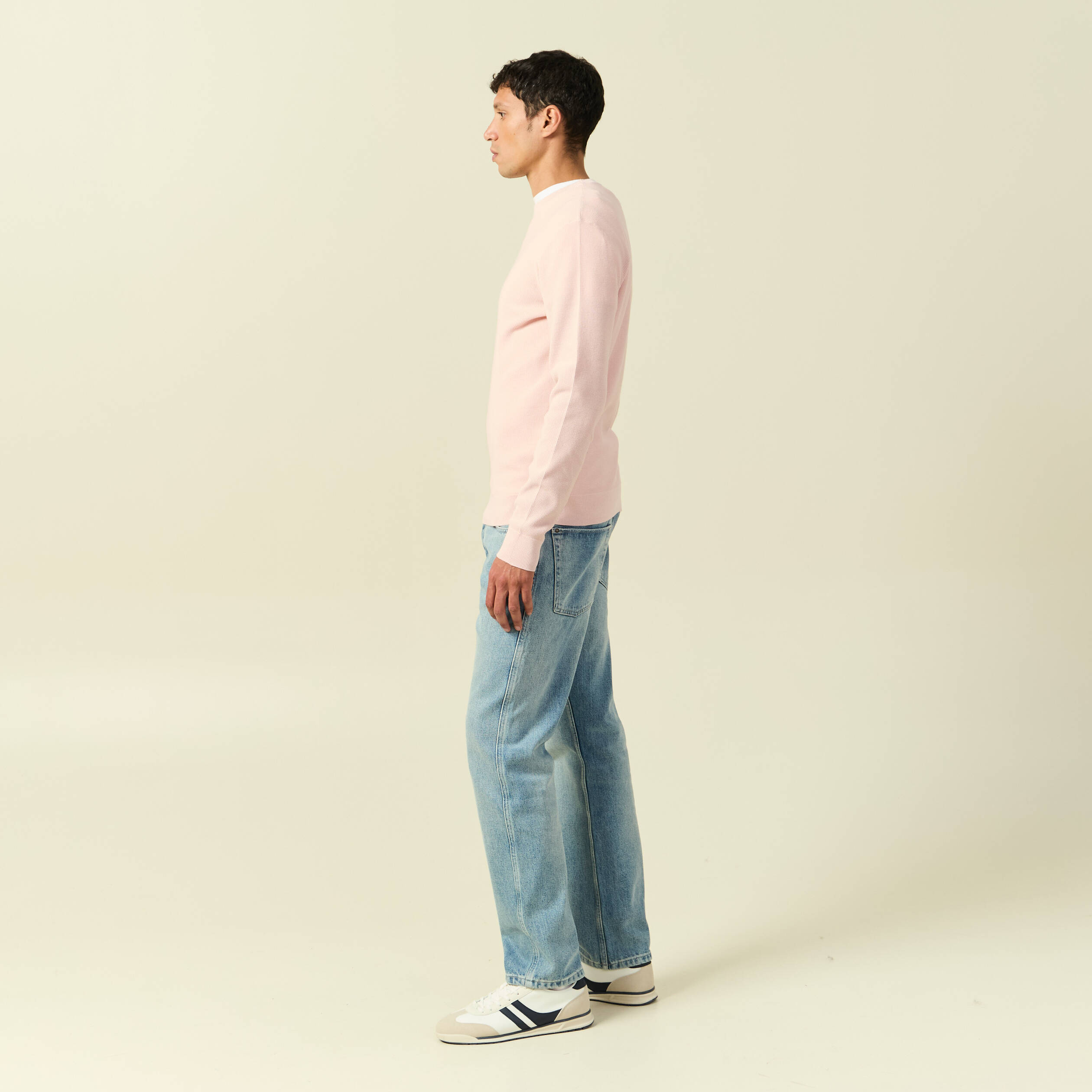Pull fin col rond manches longues rose poudr&eacute;e homme