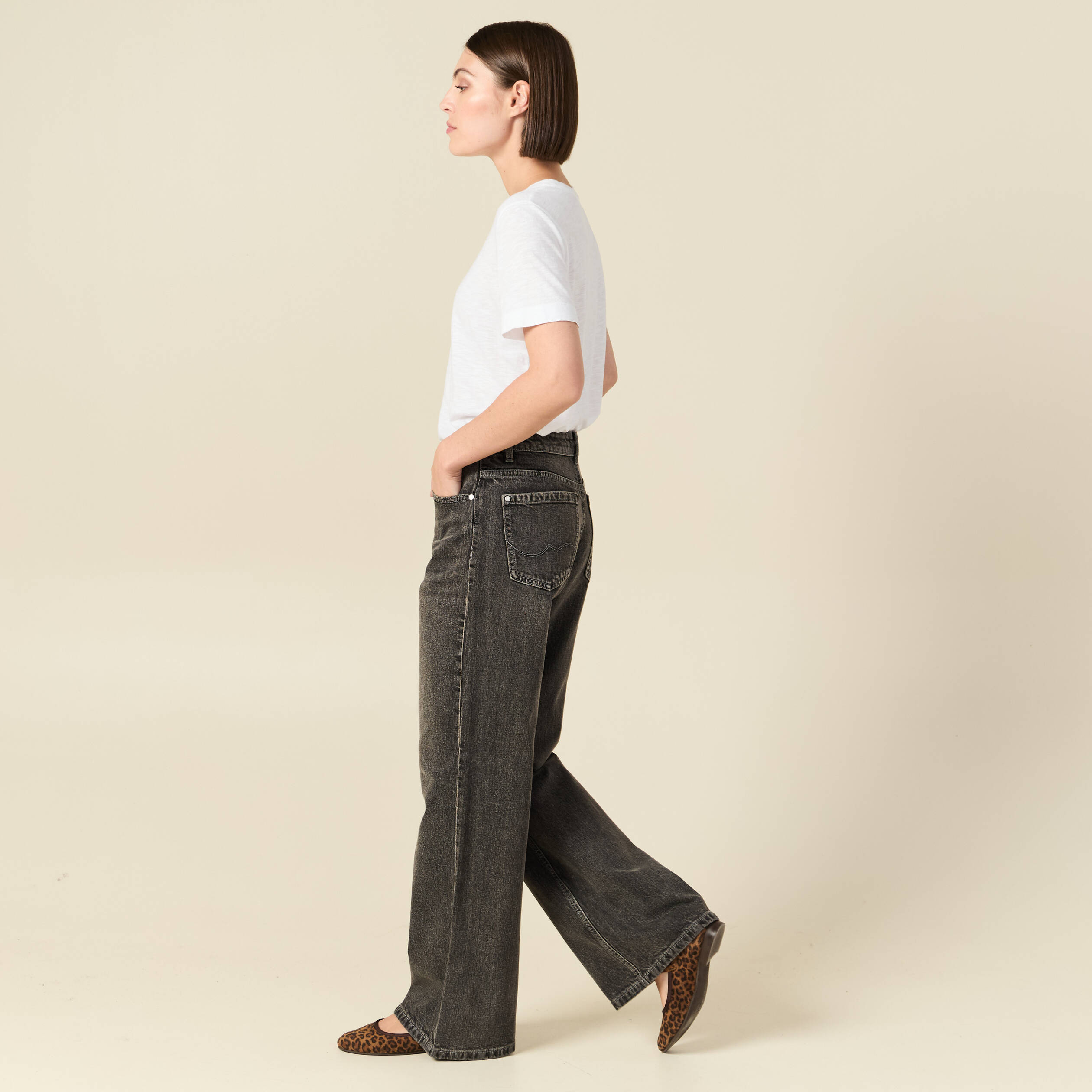 Jeans large taille haute denim snow gris femme