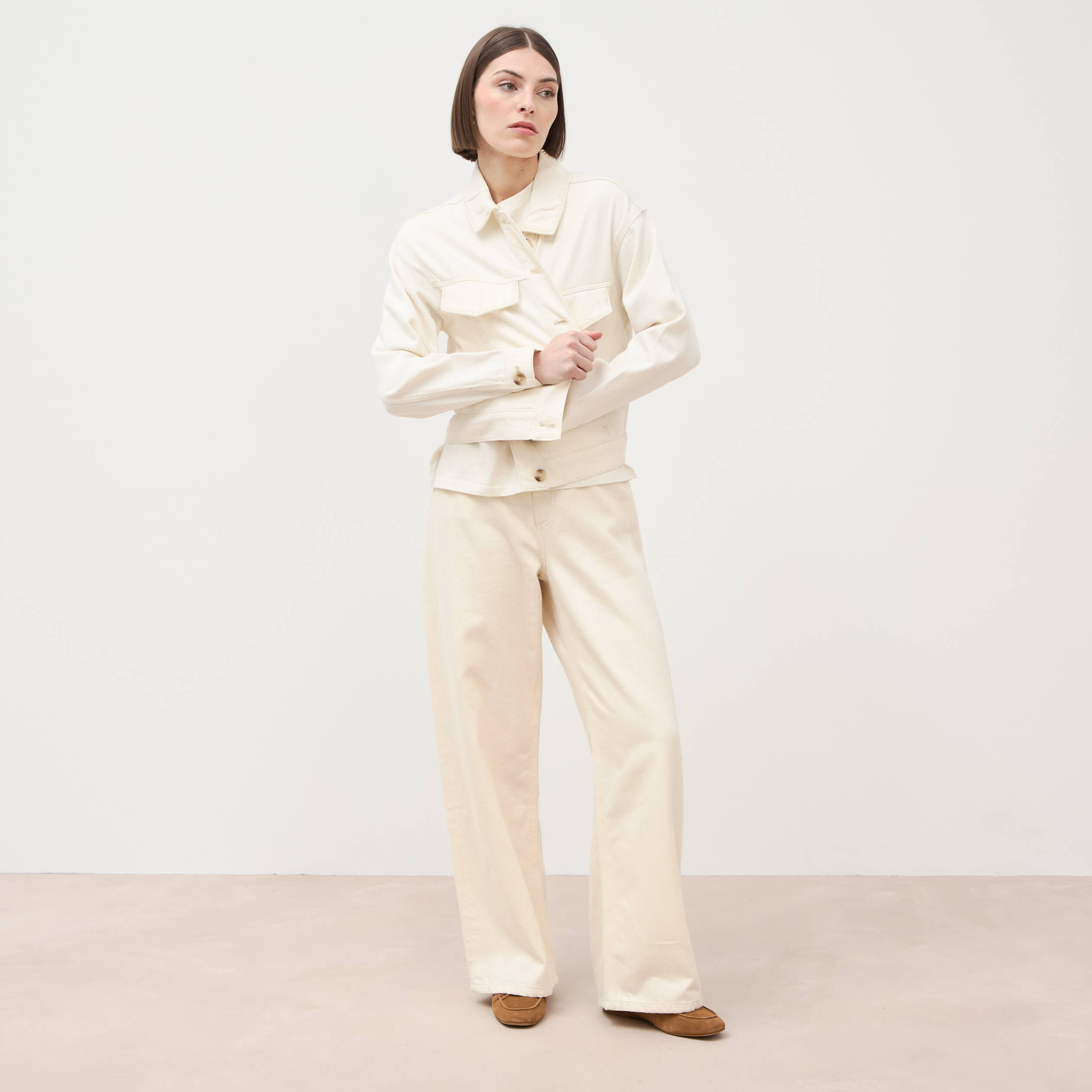 Jeans loose taille bascul&eacute;e ecru femme