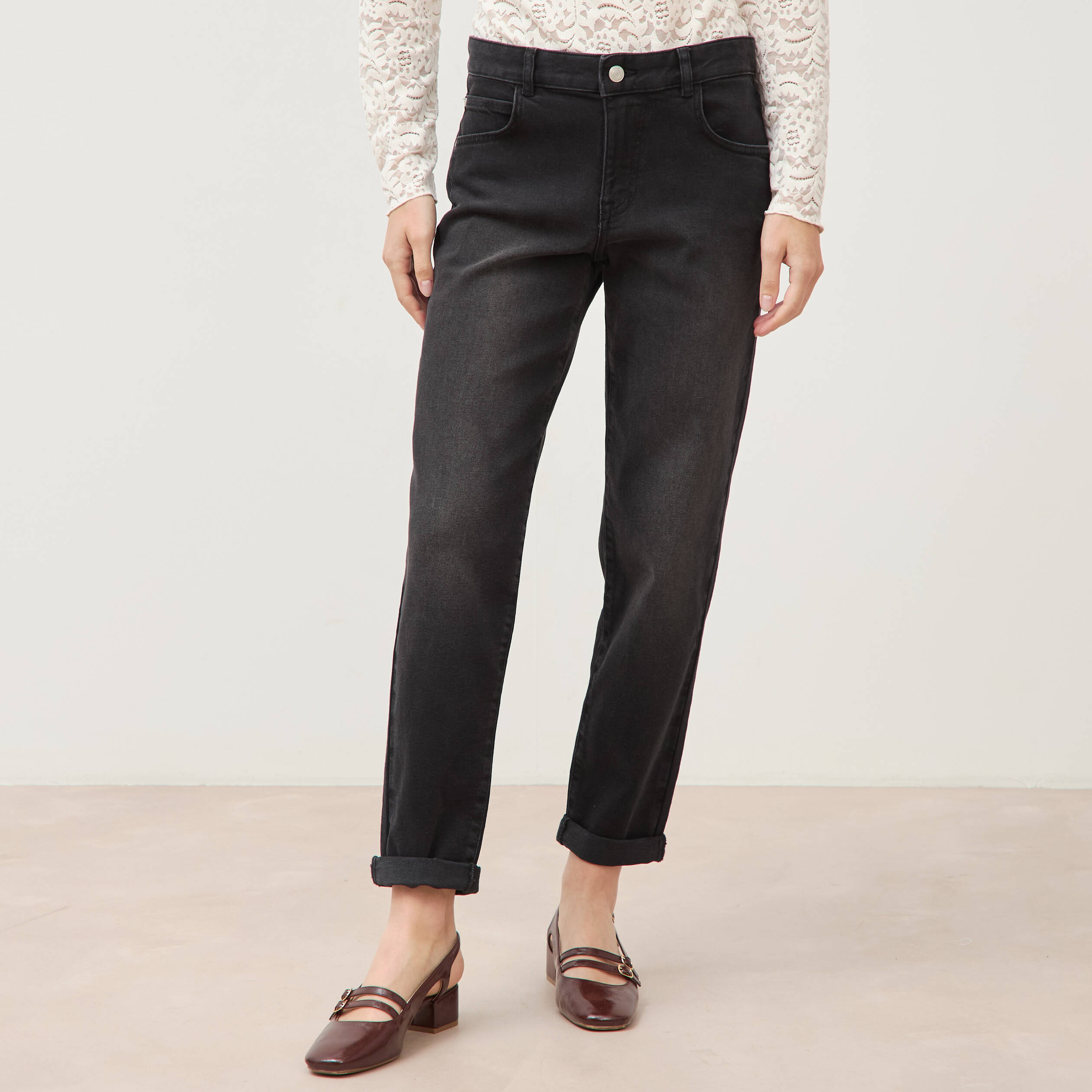 Jeans droit 7/8&egrave;me taille standard denim noir femme