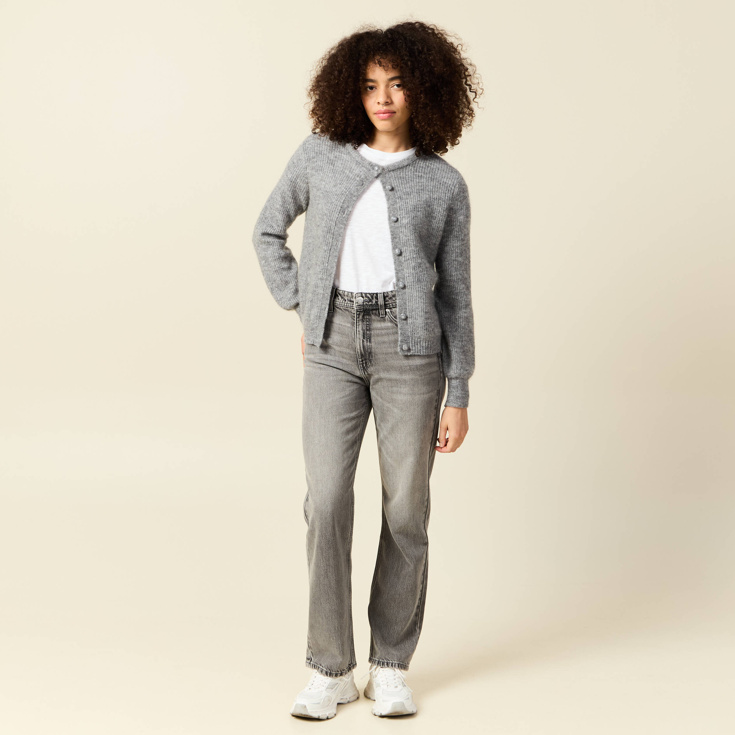 Jeans straight taille haute 7/8&egrave;me denim gris clair femme