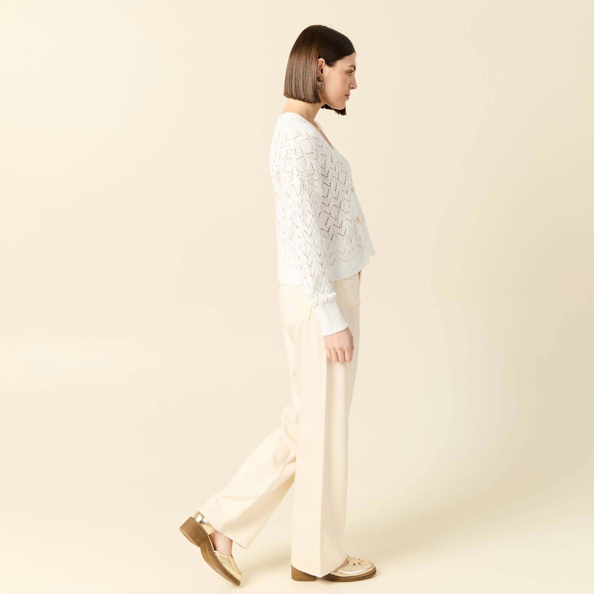 Gilet manches longues ajour&eacute; ecru femme