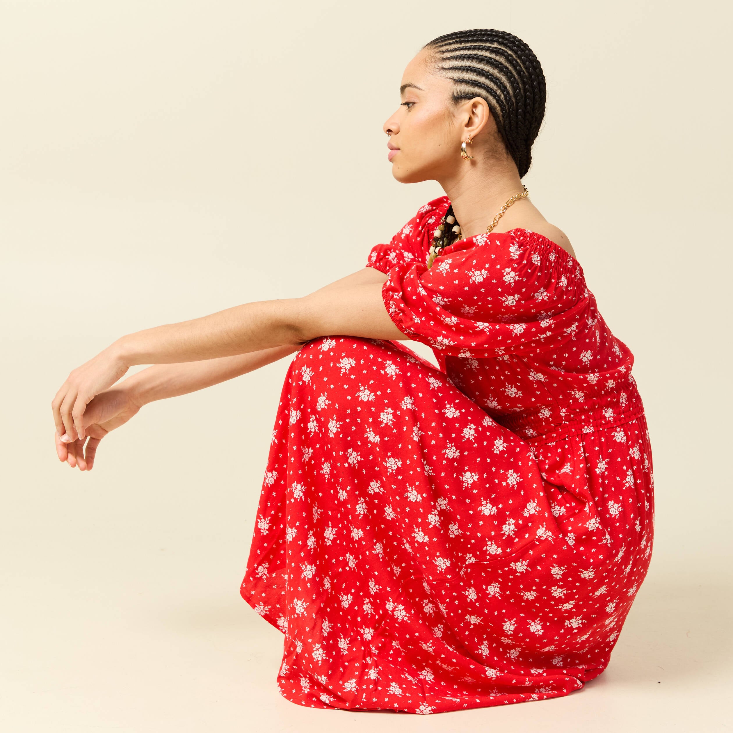 Robe longue &eacute;vas&eacute;e manches courtes rouge femme