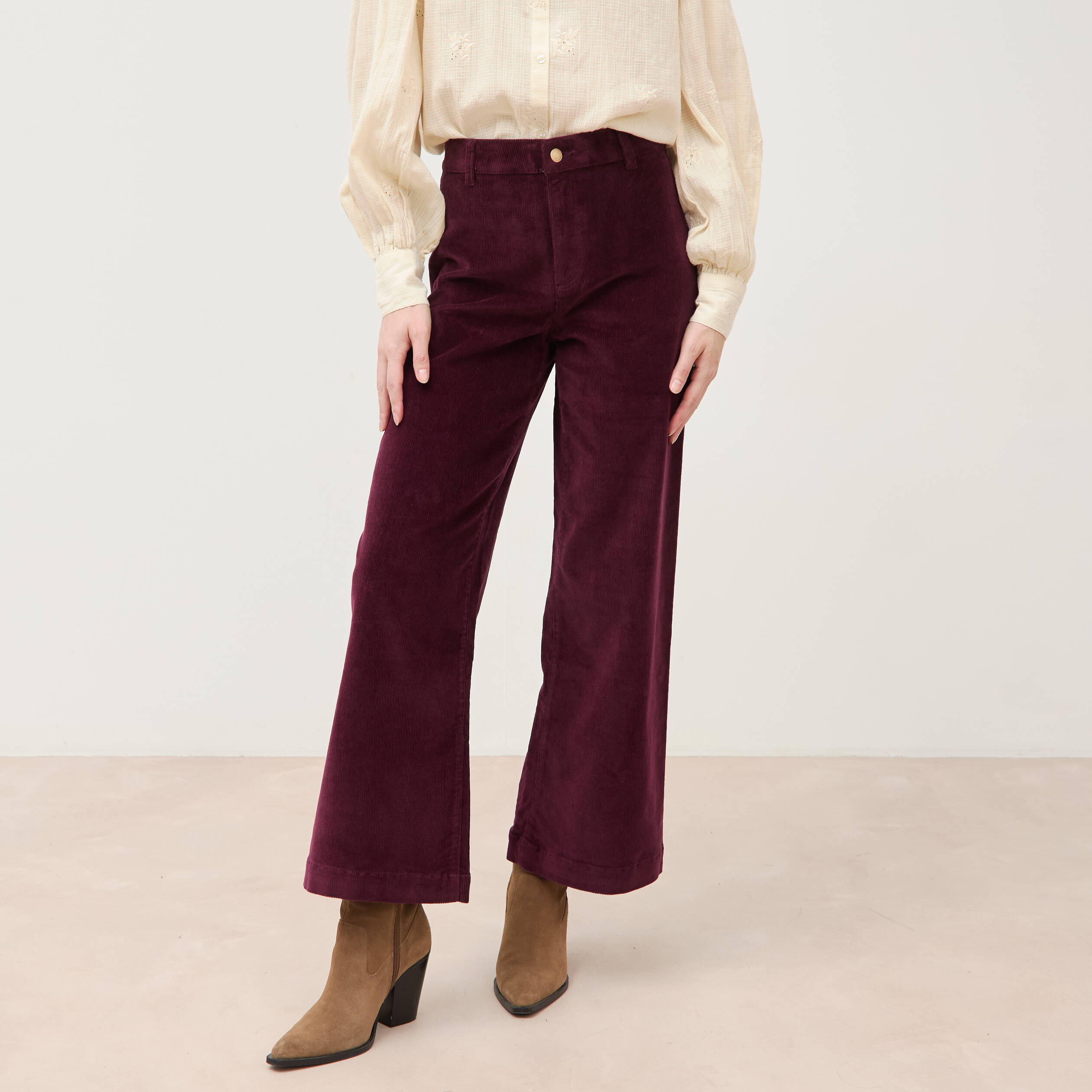 Pantalon large taille haute en velours prune femme