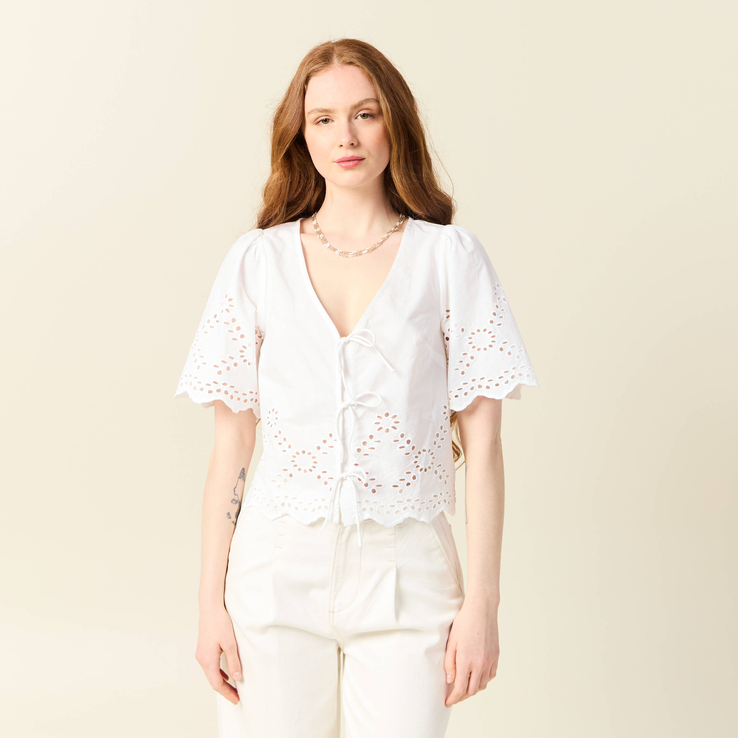 blouse manches courtes brodee ecru femme Blouse manches courtes brodée ecru femme