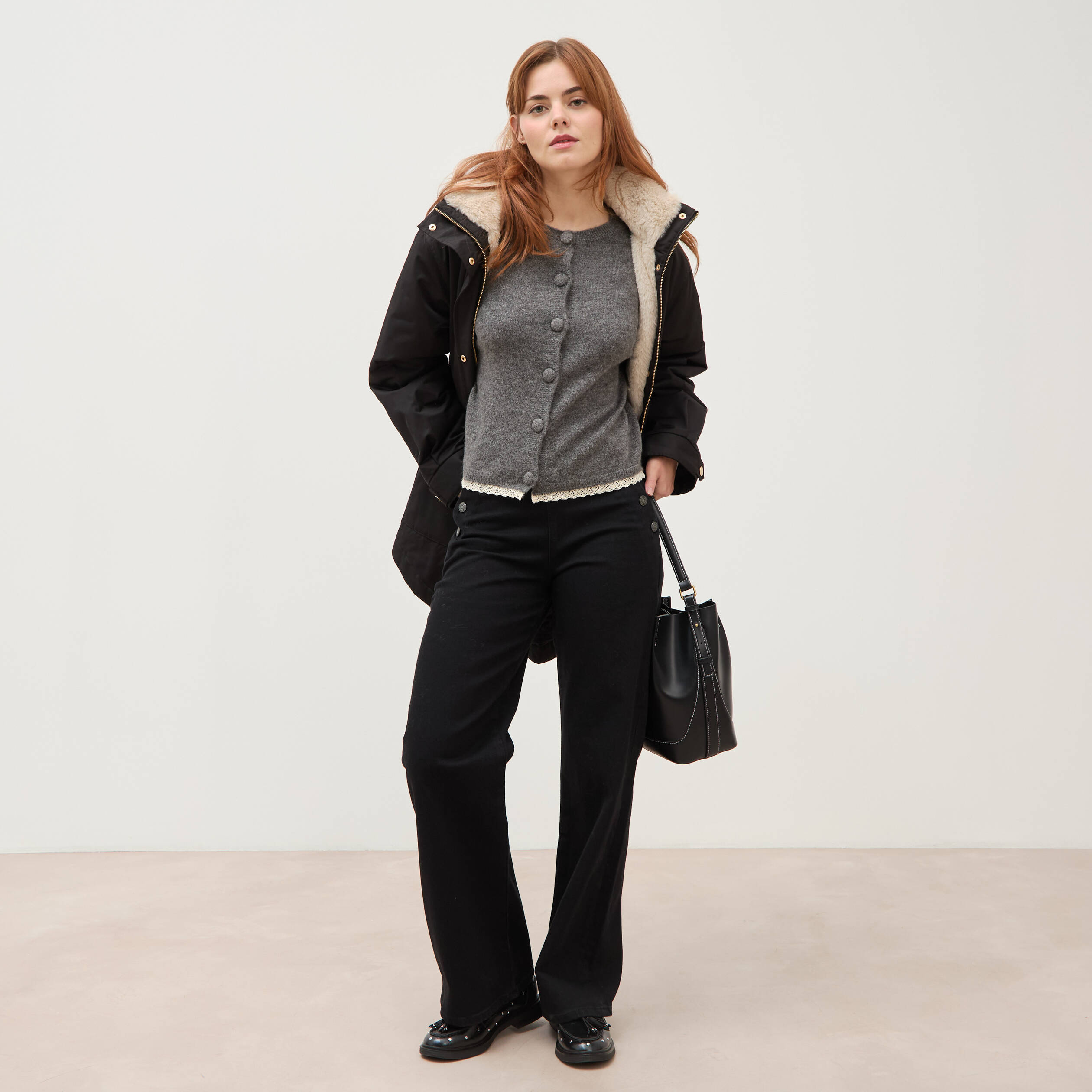 Gilet manches longues col rond gris femme