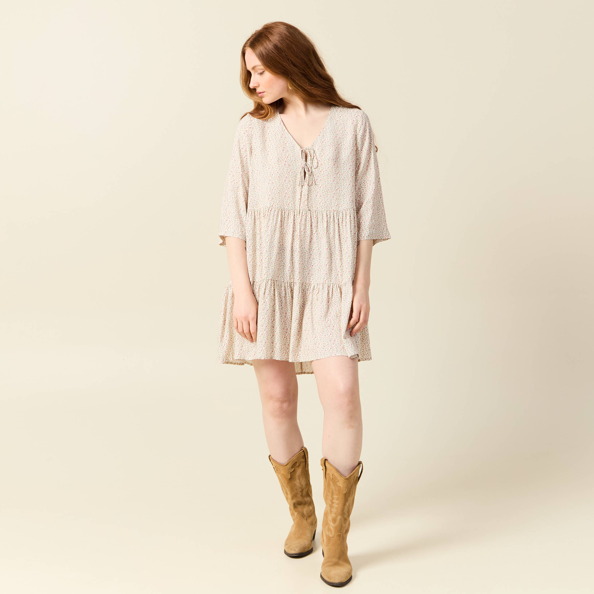 robe evasee manches 34 blanc femme Robe évasée manches 3/4 blanc femme