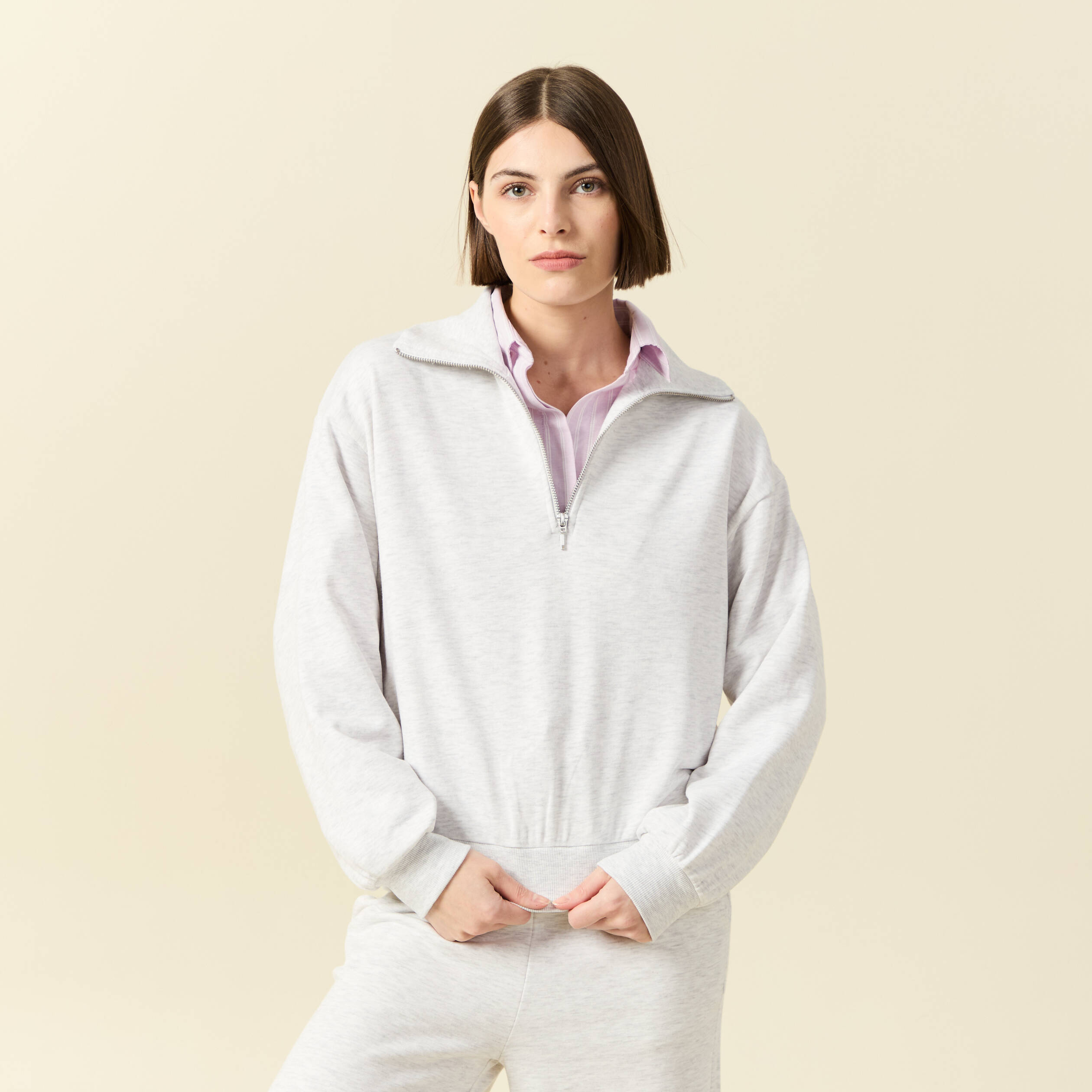 Sweat manches longues col camionneur gris femme