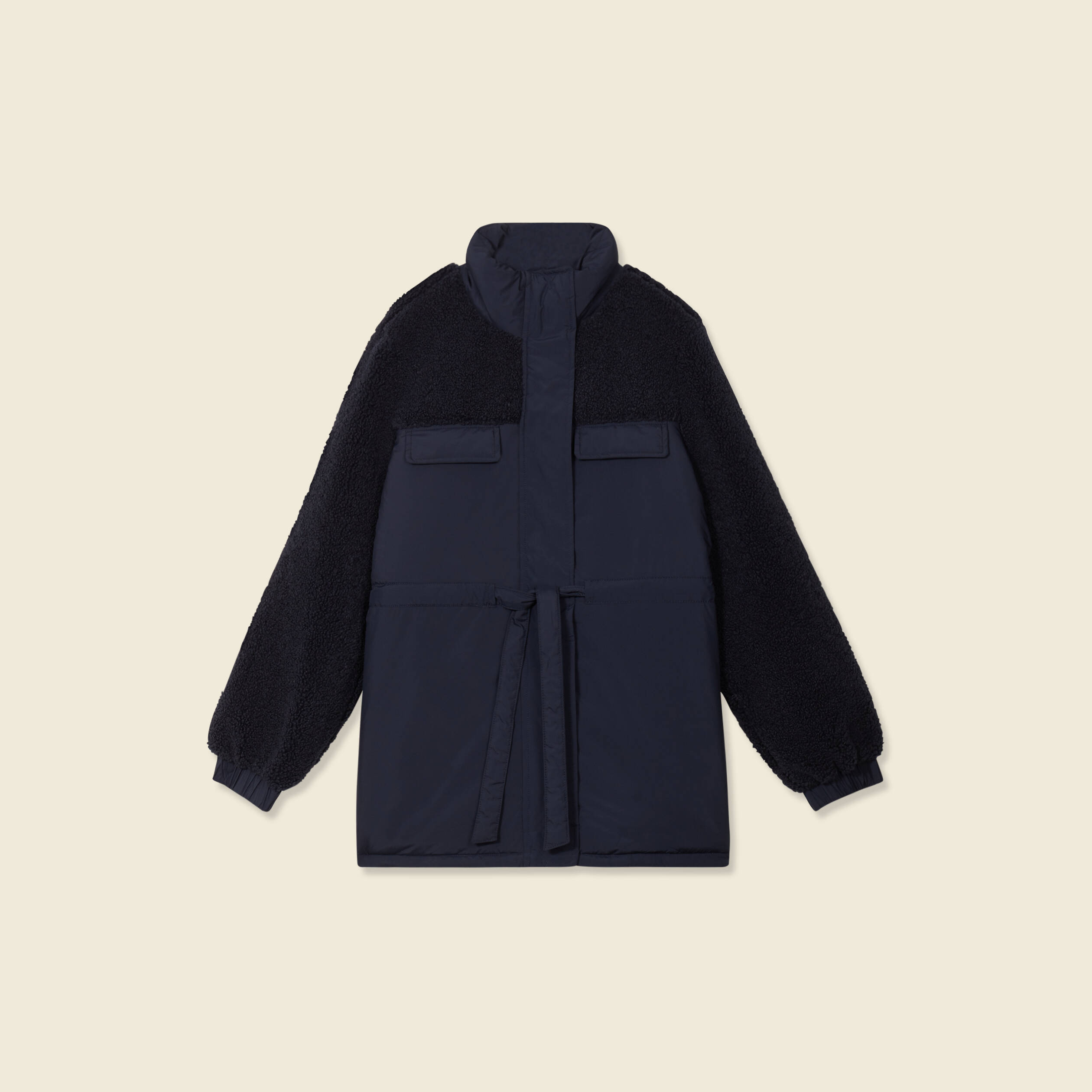 Manteau manches sherpa bleu marine femme