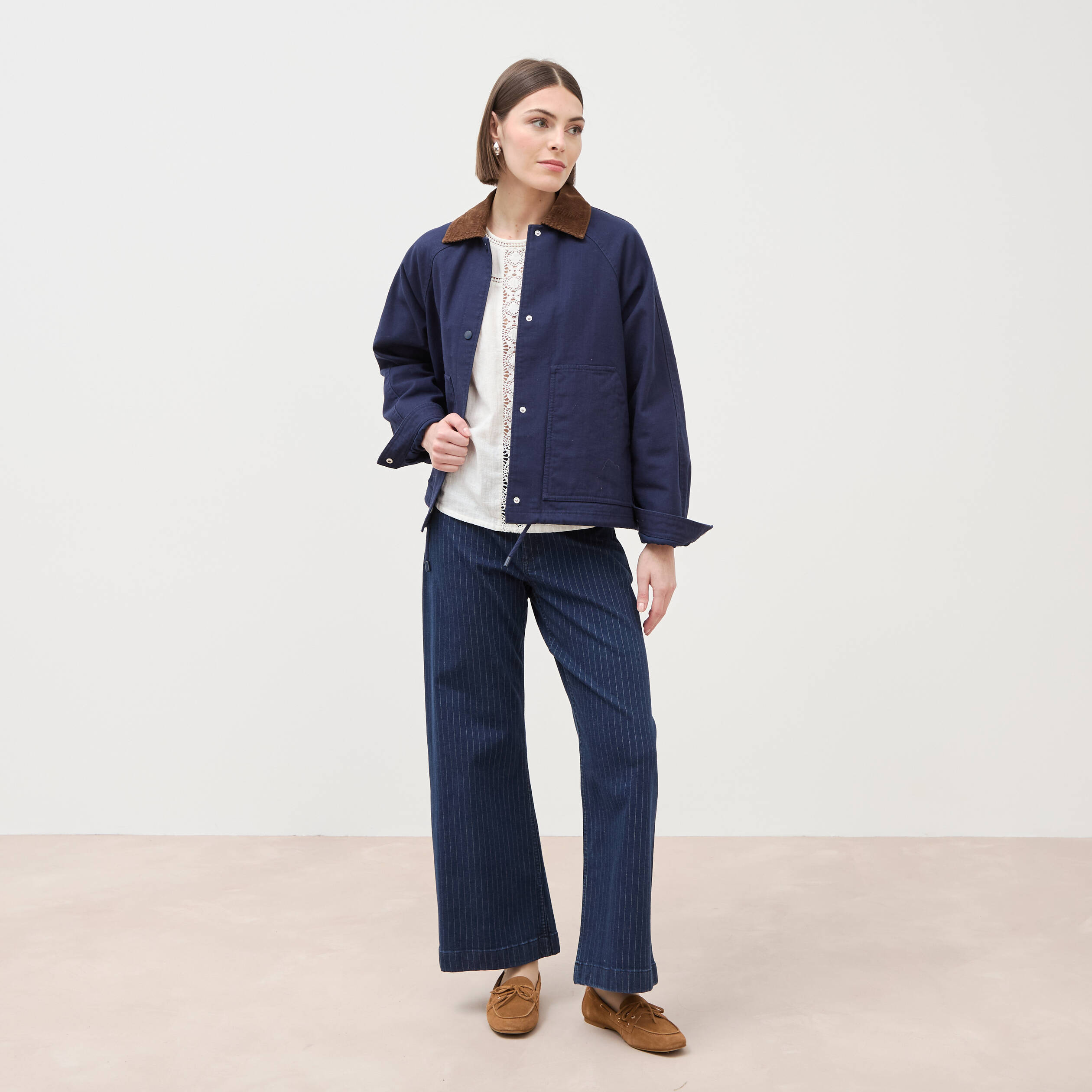 Jeans large cropped taille haute ray&eacute; denim brut femme