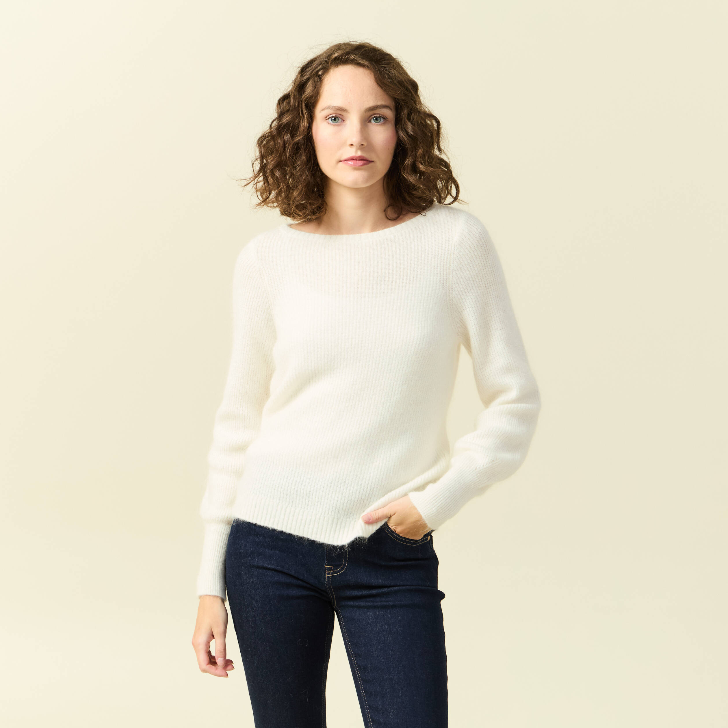 Pull col bateau manches longues ecru femme