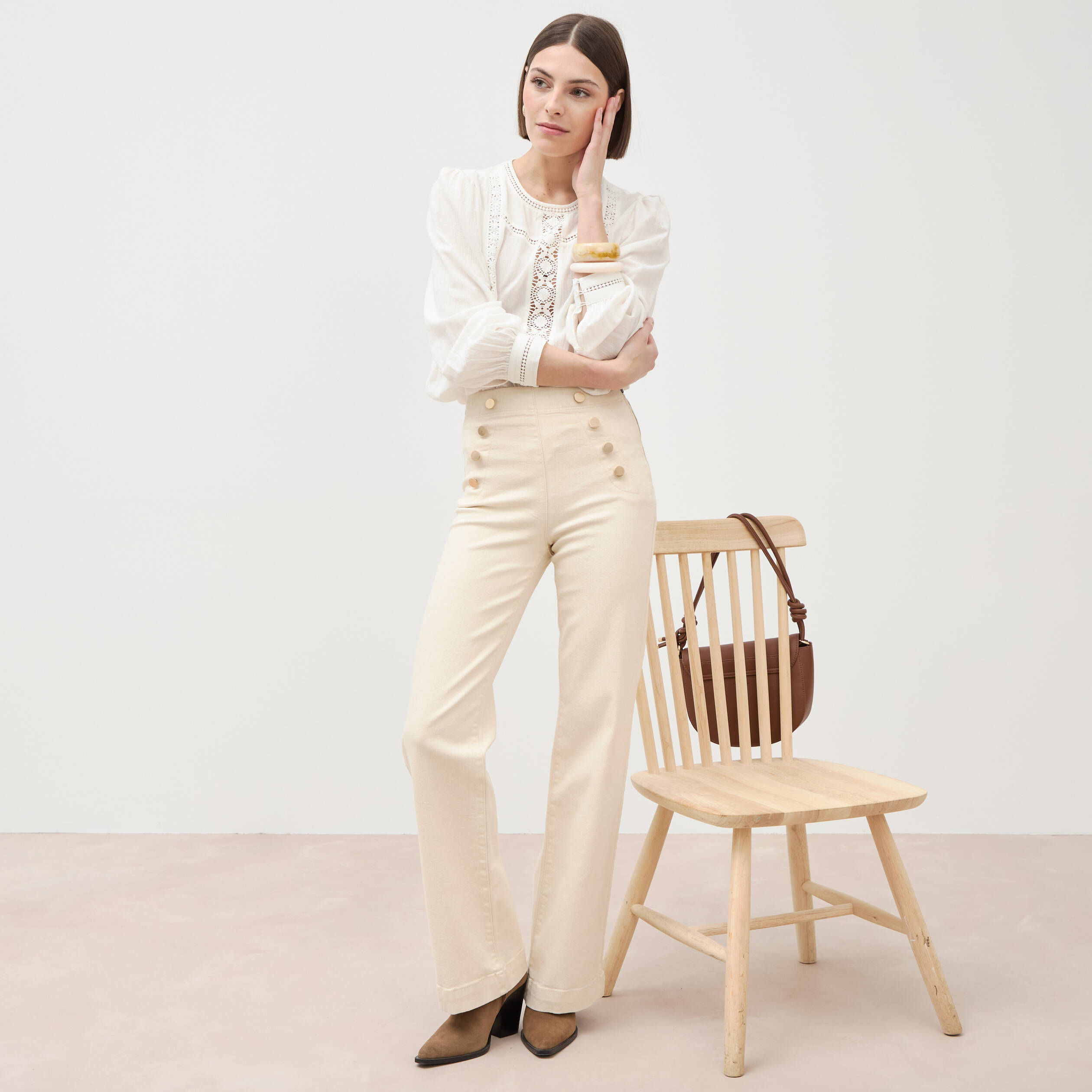 Jeans flare &agrave; pont denim blanc femme