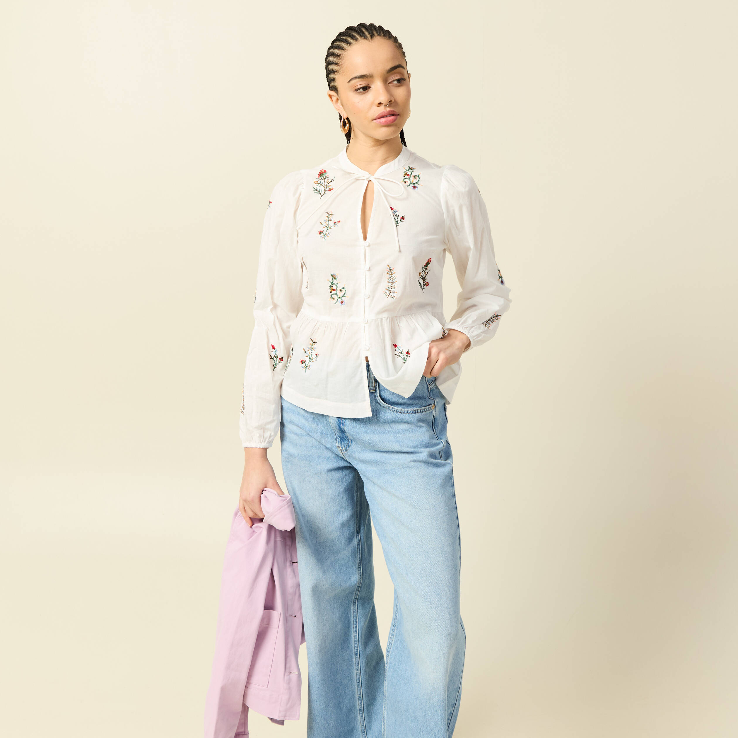 Chemise brod&eacute;e en coton manches longues ecru femme