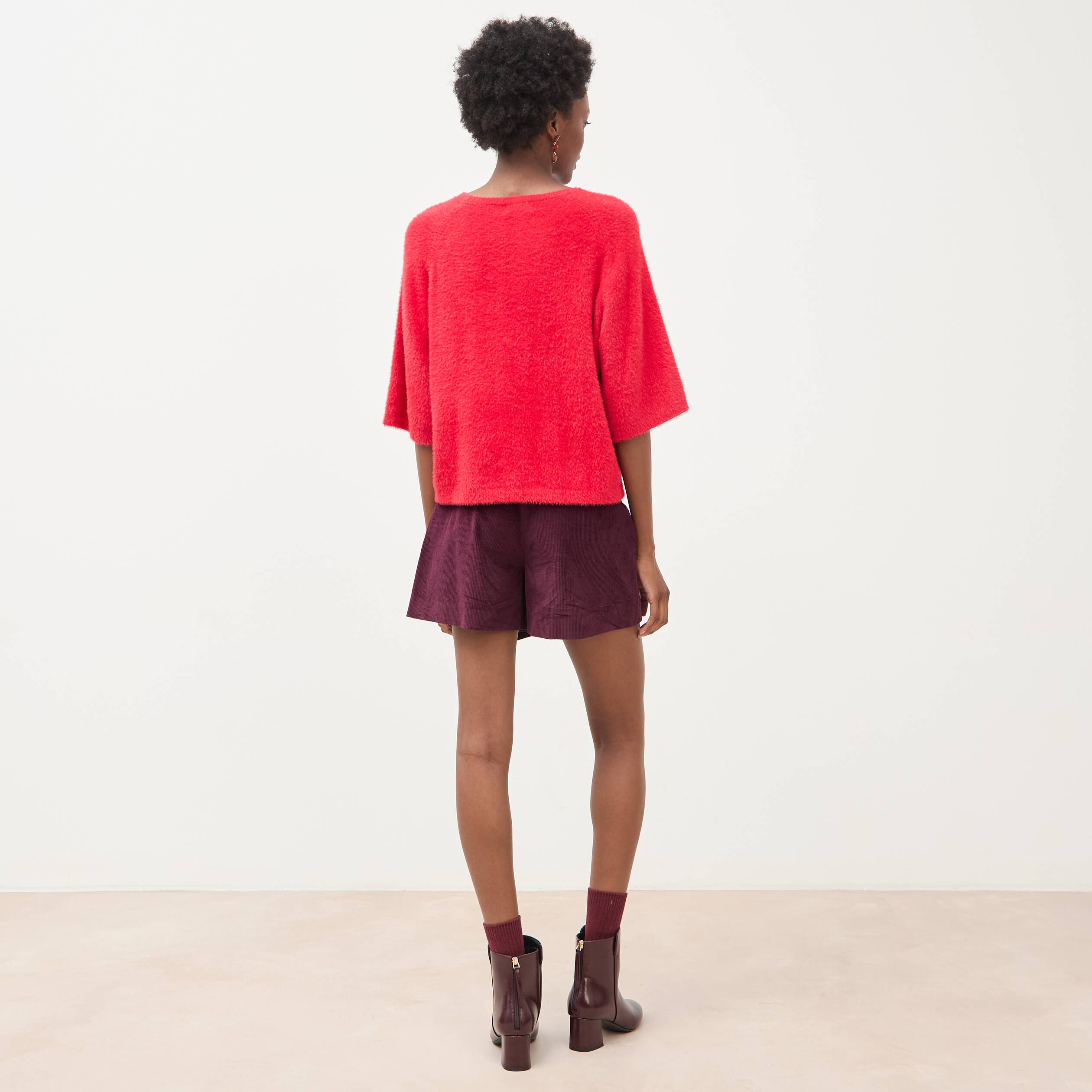 Pull droit manches 3/4 col rond rouge femme