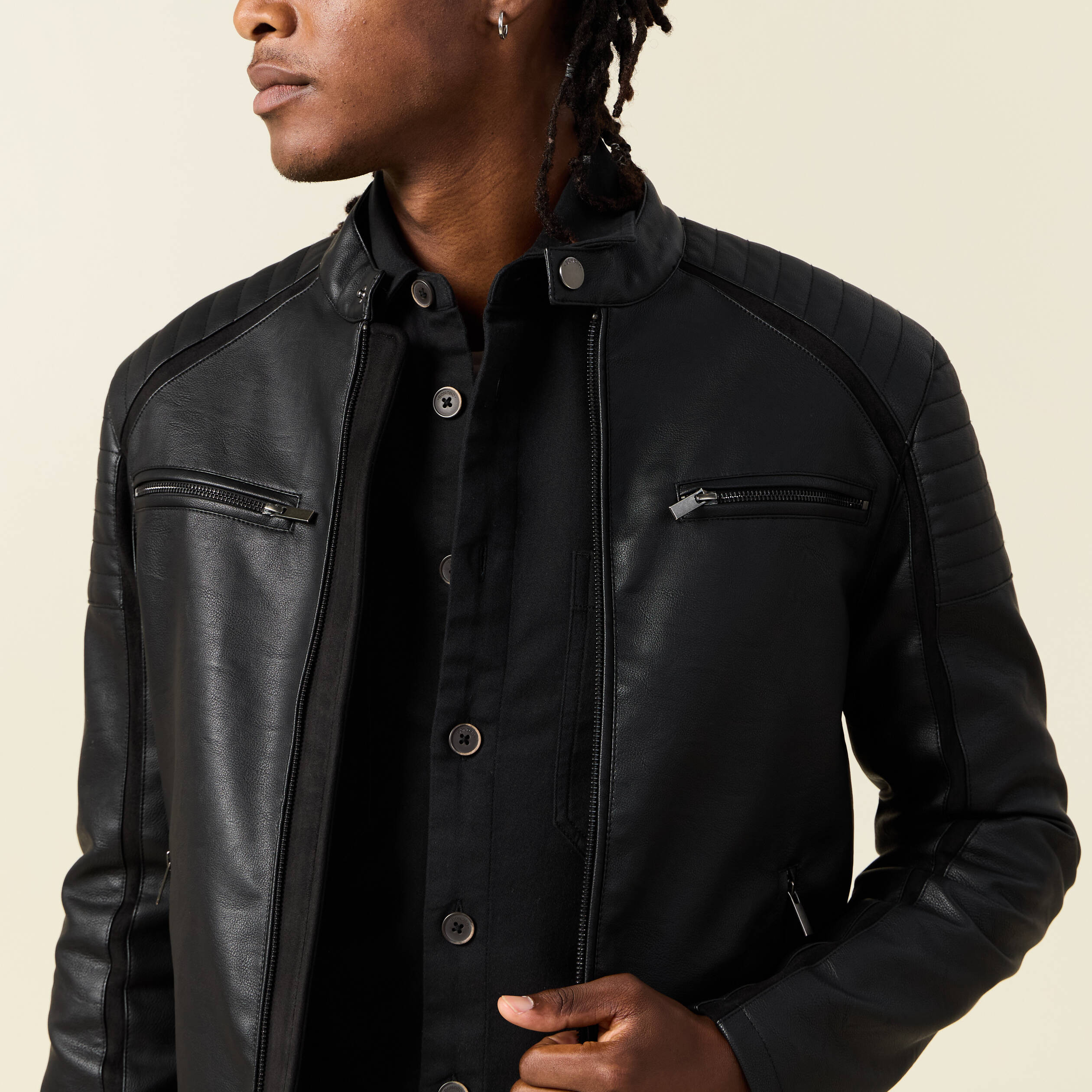 Bonobo Veste En Cuir Noire Veste Biker Simili Cuir Noir Homme Vibs