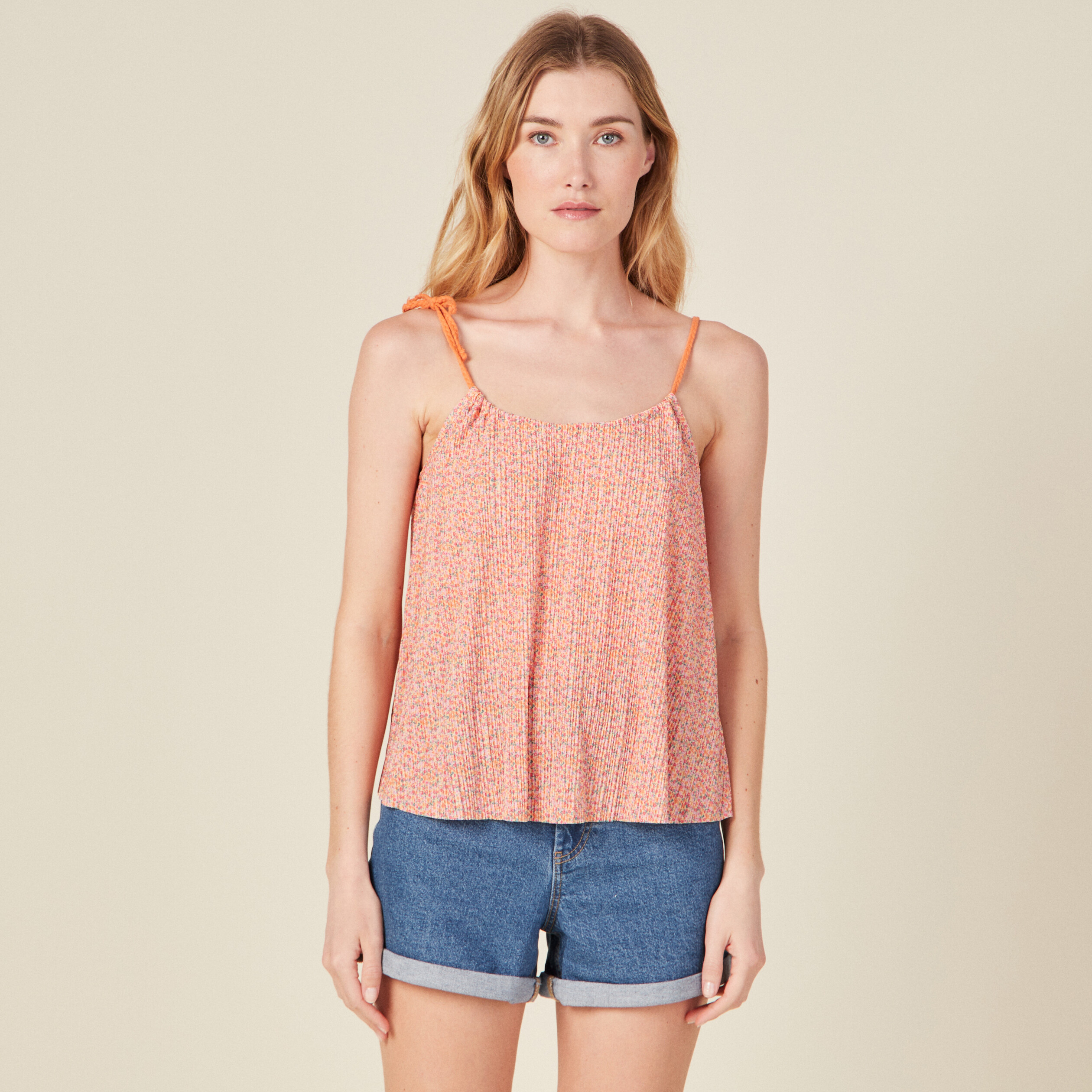 Débardeur Femme Rayé Orange - Taille S - 55% Coton 45% Polyester - Occasion Très Bon état